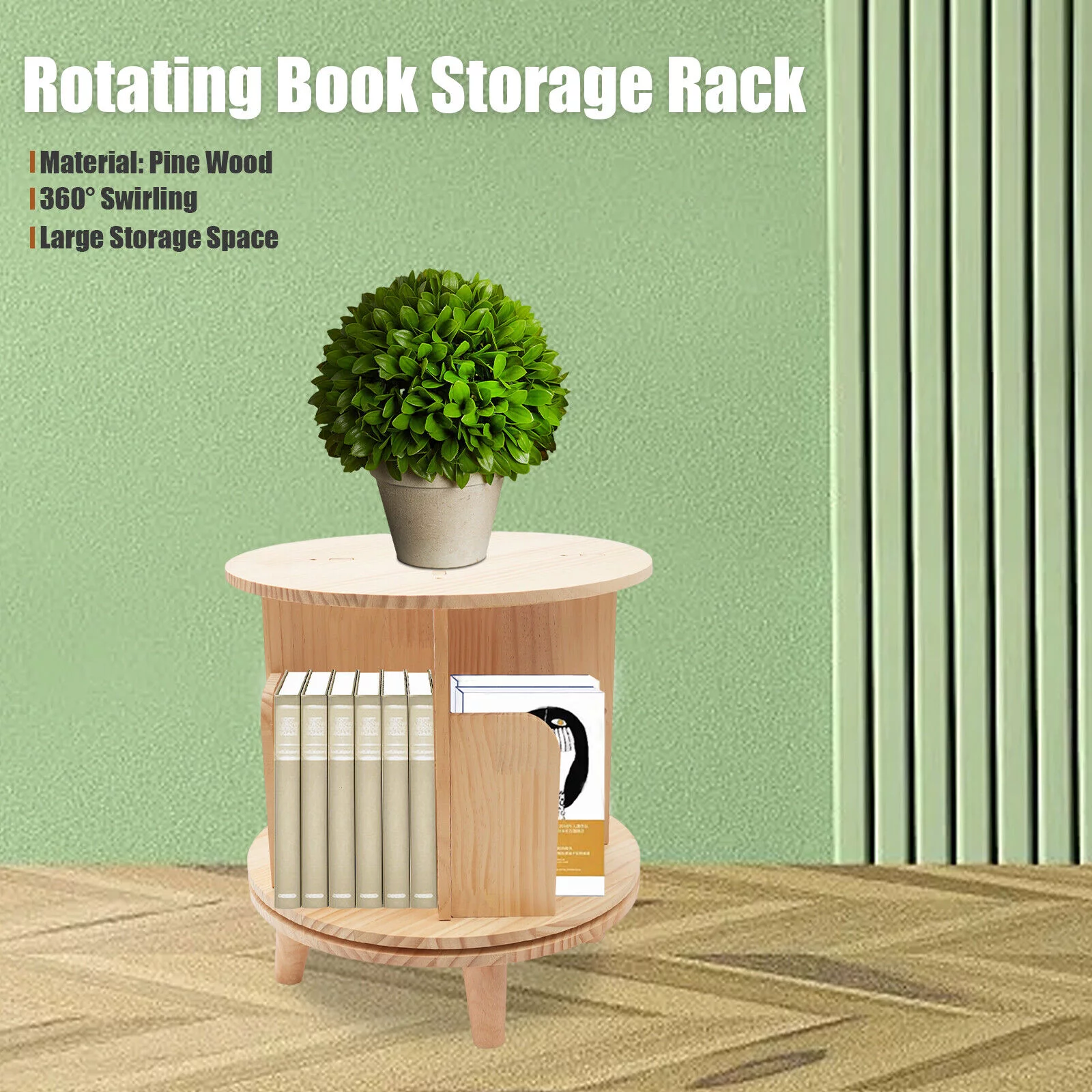 12.2in H Bookcase 1-layer Pine Wood Storage Rack Organizer for Kids&Adu Rotating