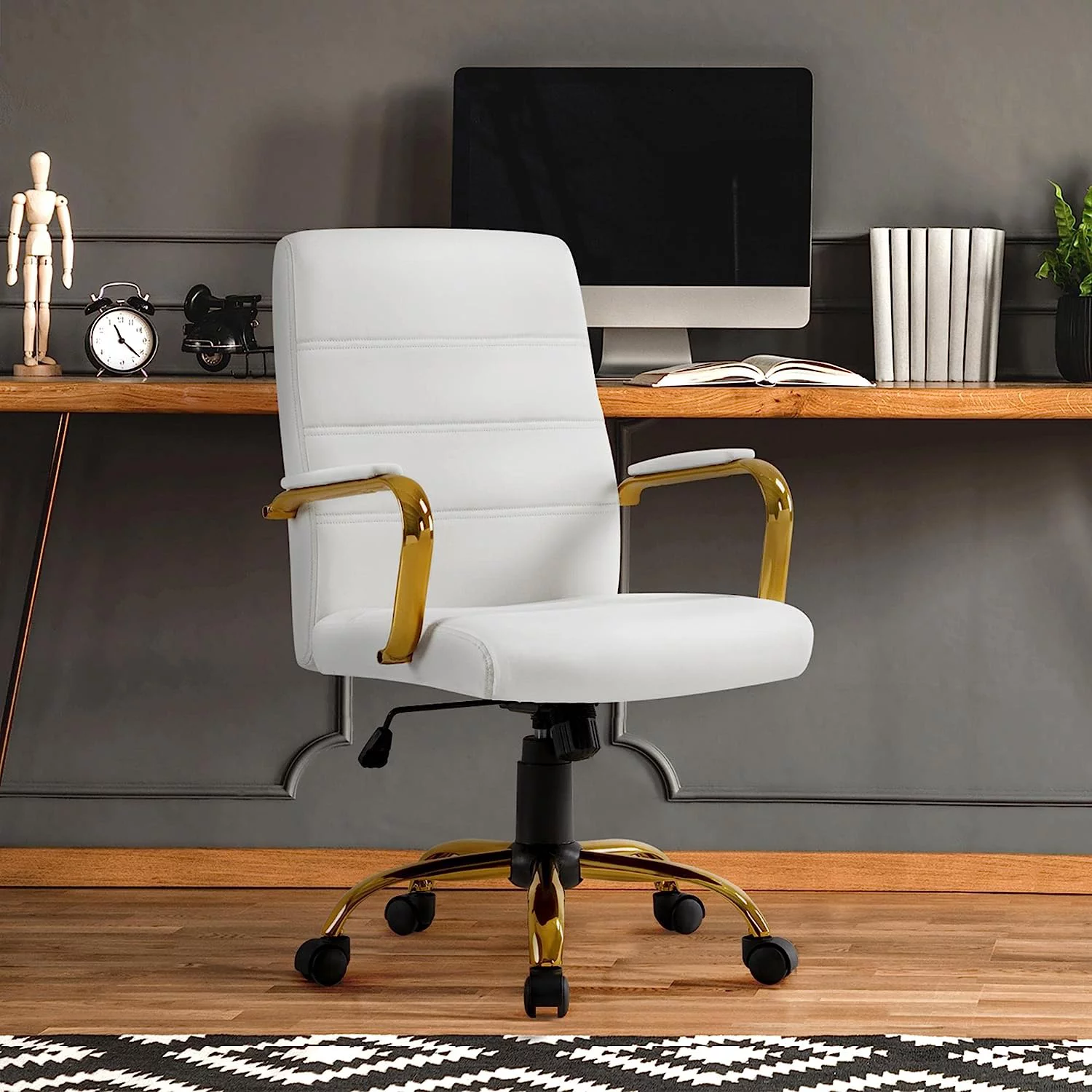CGFHYP Mid-Back Office Chair PU Leather Desk Chair Adjustable Executive Task Chair w/Lumber Support Gold Leg White Seat