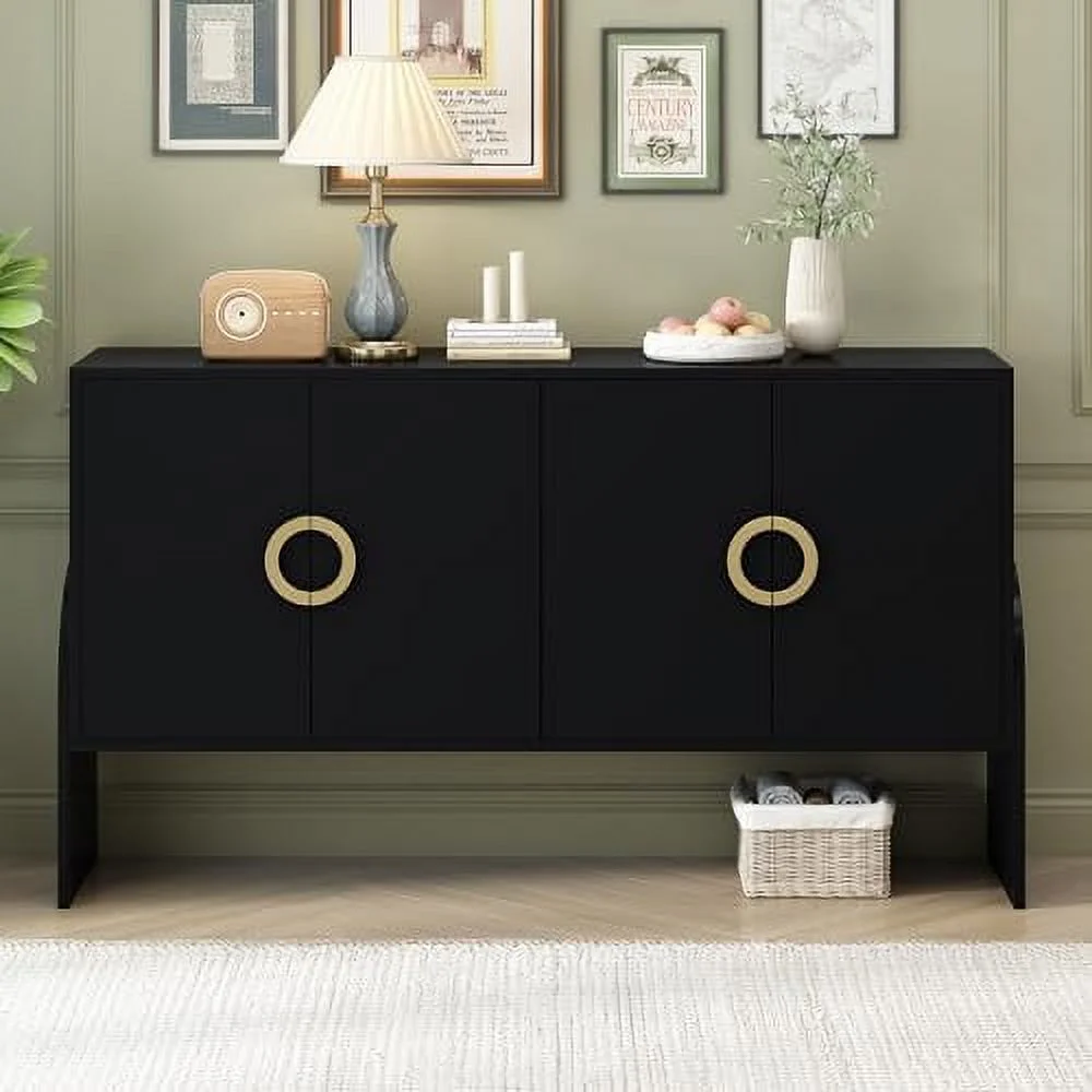 HYHBIBOOM 61" Sideboard Buffet Cabinet with Four-Door Metal Handle Modern Accent Kitchen Console Table with Adjustable Shelves Entryway Cabinet for Living Room Black