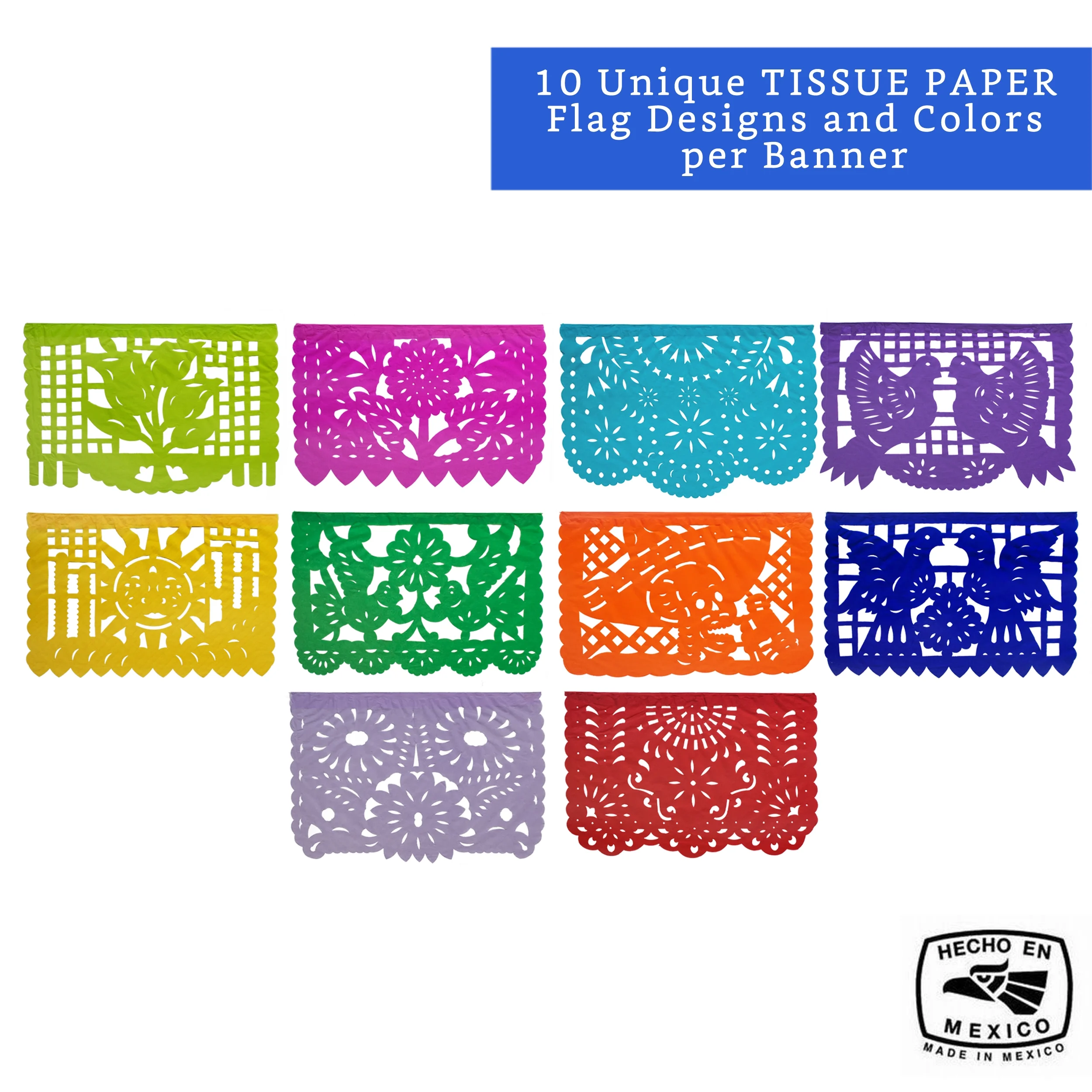 Mexican Party Banners (5 Pack with 10 Tissue Paper Flags per Banner) - Papel Picado Mexicano by Fiesta Wraps