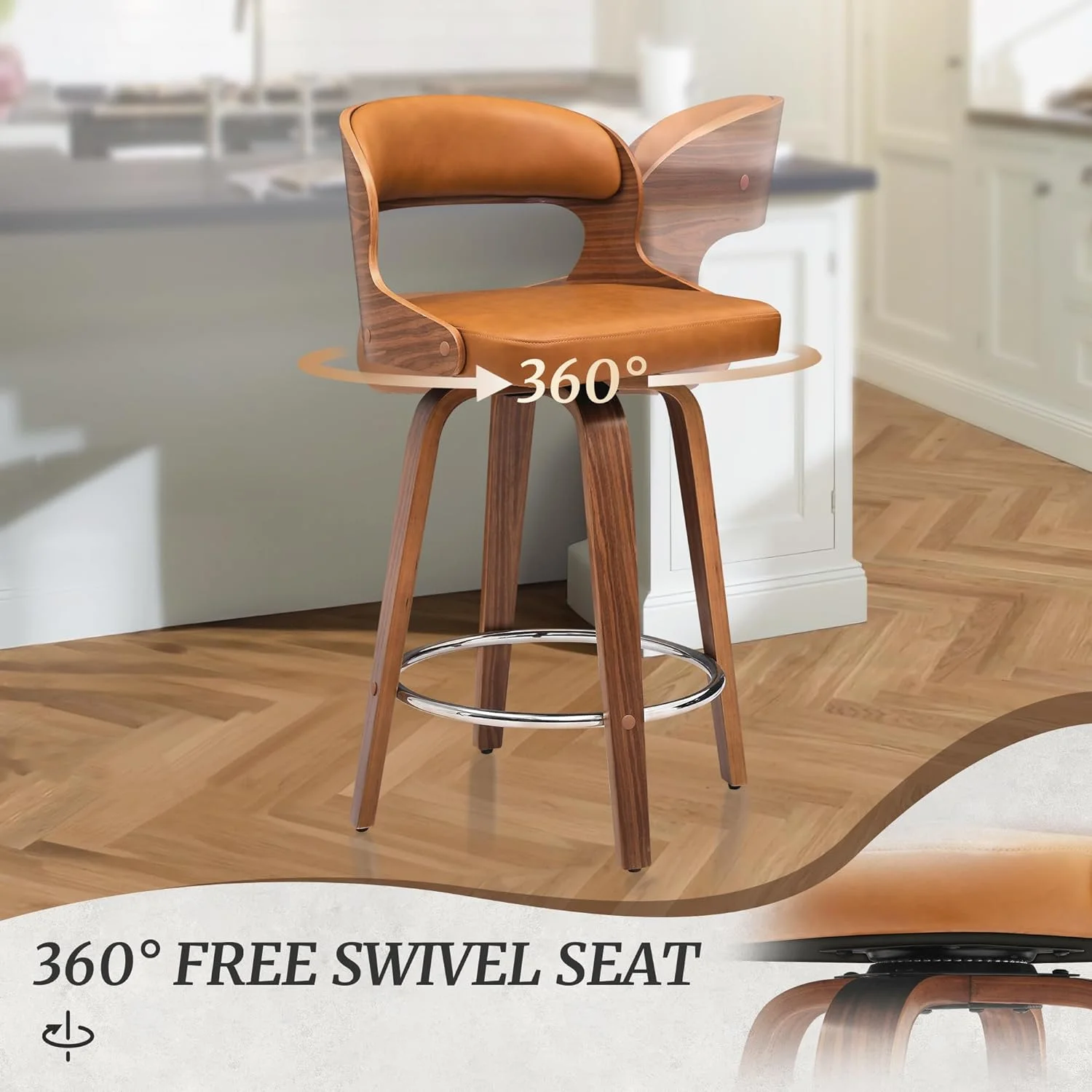 U-ToBe Bar Stools Swivel, Mid Century Modern Bar Stools, 26 Inch Bar Chairs with Hollow Back, Walnut Finish and Faux Leather Seat, Counter Height Barstool Set of 4, Whiskey Brown