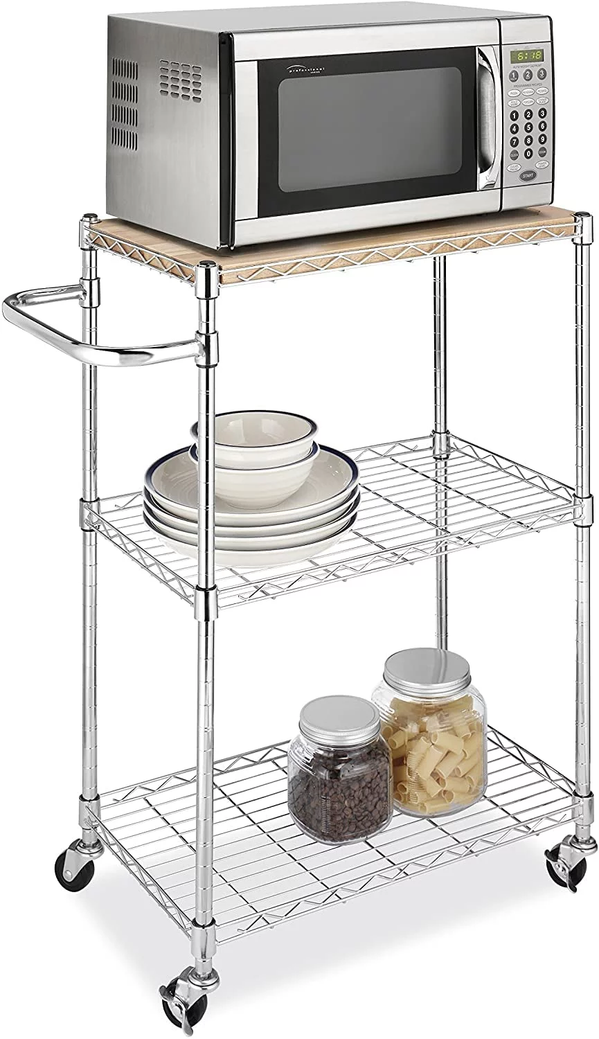 Kitchen Microwave Cart on Wheels, Wire Rolling Cart with Handle Bar, 3 Tier Bakers Rack with Wood Table, Height Adjustable Shelves, 24L x 14W x 33.5H Inches, Chrome/Wood
