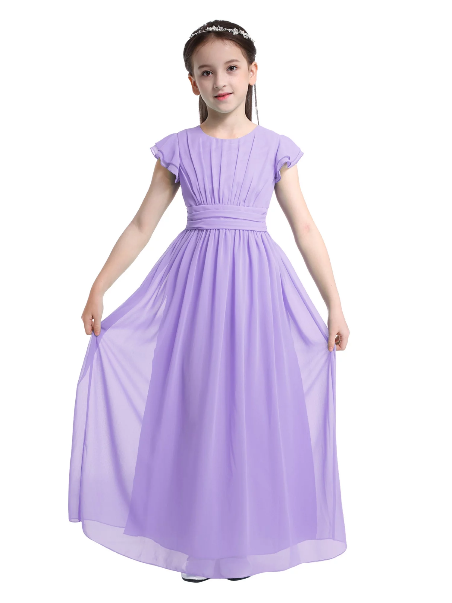 YONGHS Kids Flower Girls Flutter Sleeve Chiffon Maxi Dress Wedding Party Bridesmaid Prom Gown