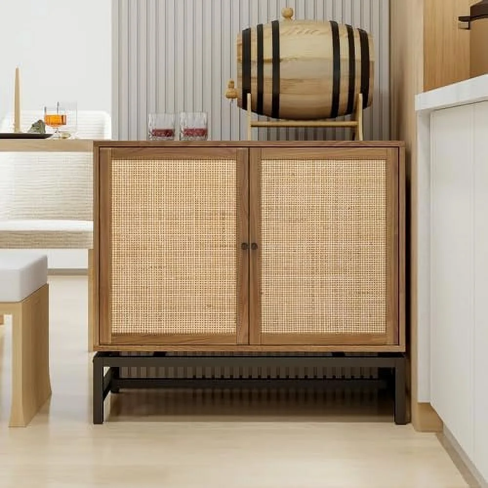 HYHBIBOOM Rattan Buffet 2 Door Cabinet with  with 1 Adjustable Inner Shelves  Accent Cabinet with Iron Framework Feet for Living Room Dining Room Entry Kitchen Staircase Side Black