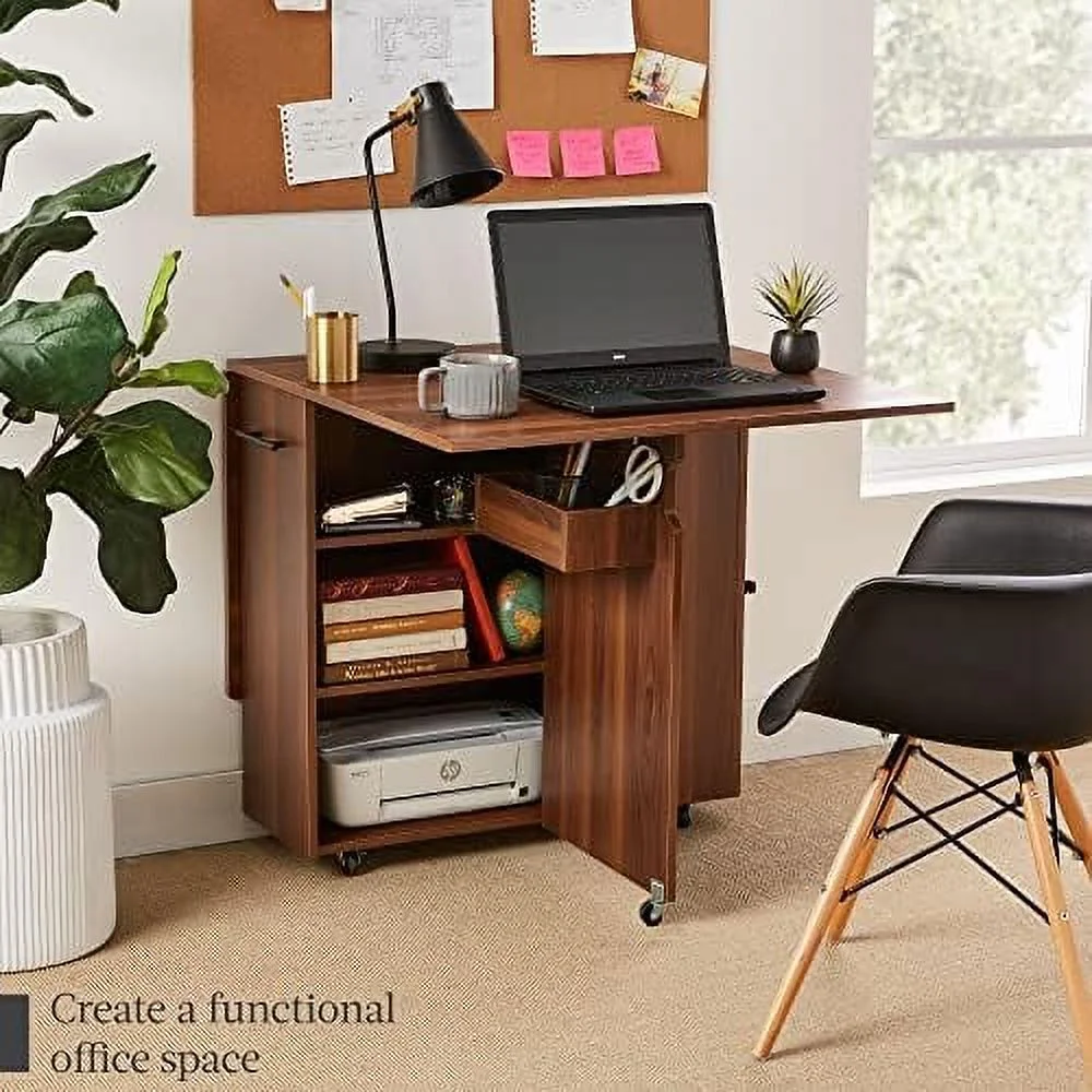 TJCGDTY Folding Dining Table  Multipurpose Collapsible Drop Leaf Extension  Versatile Space Saving Desk  w/Wheels  3  Shelves  Metal Handle - Brown