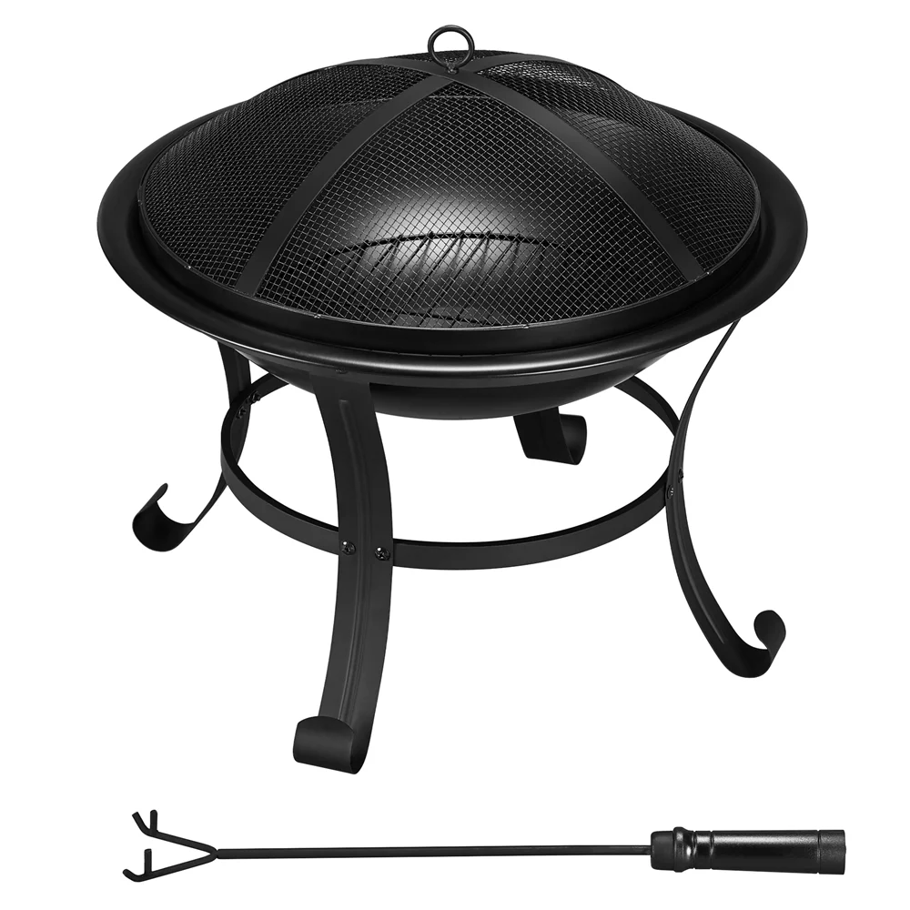 Topeakmart 22in Fire Pit Round Steel Fire Bowl Fire Pit with Mesh Screen Cover Fire Poker Log Grate for Patio BBQ Camping Bonfire