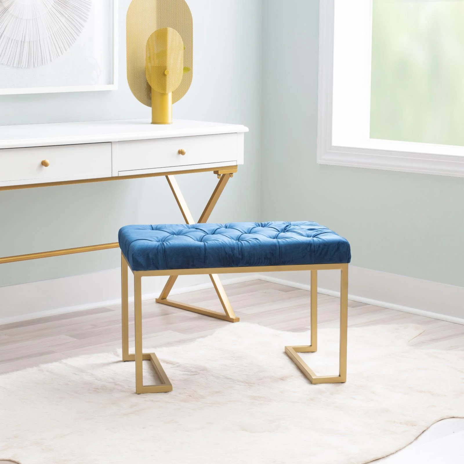 Powell Baileigh Bench - Gold with Navy Velvet Fabric