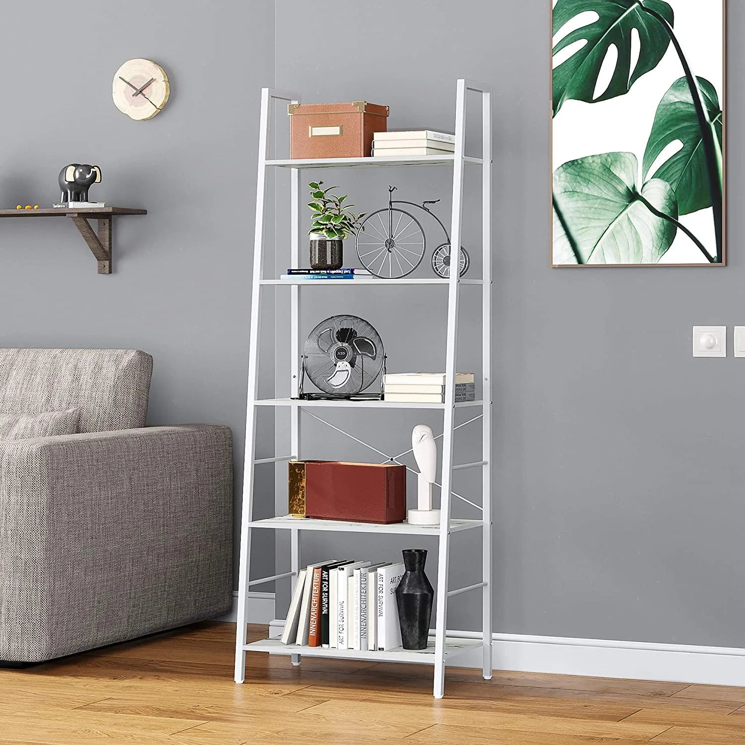 HOMEFORT 5-Tier Industrial Shelf Ladder Bookshelf, Open Freestanding Storage Bookcase, Wood Accent Furniture for Home office, White or Black