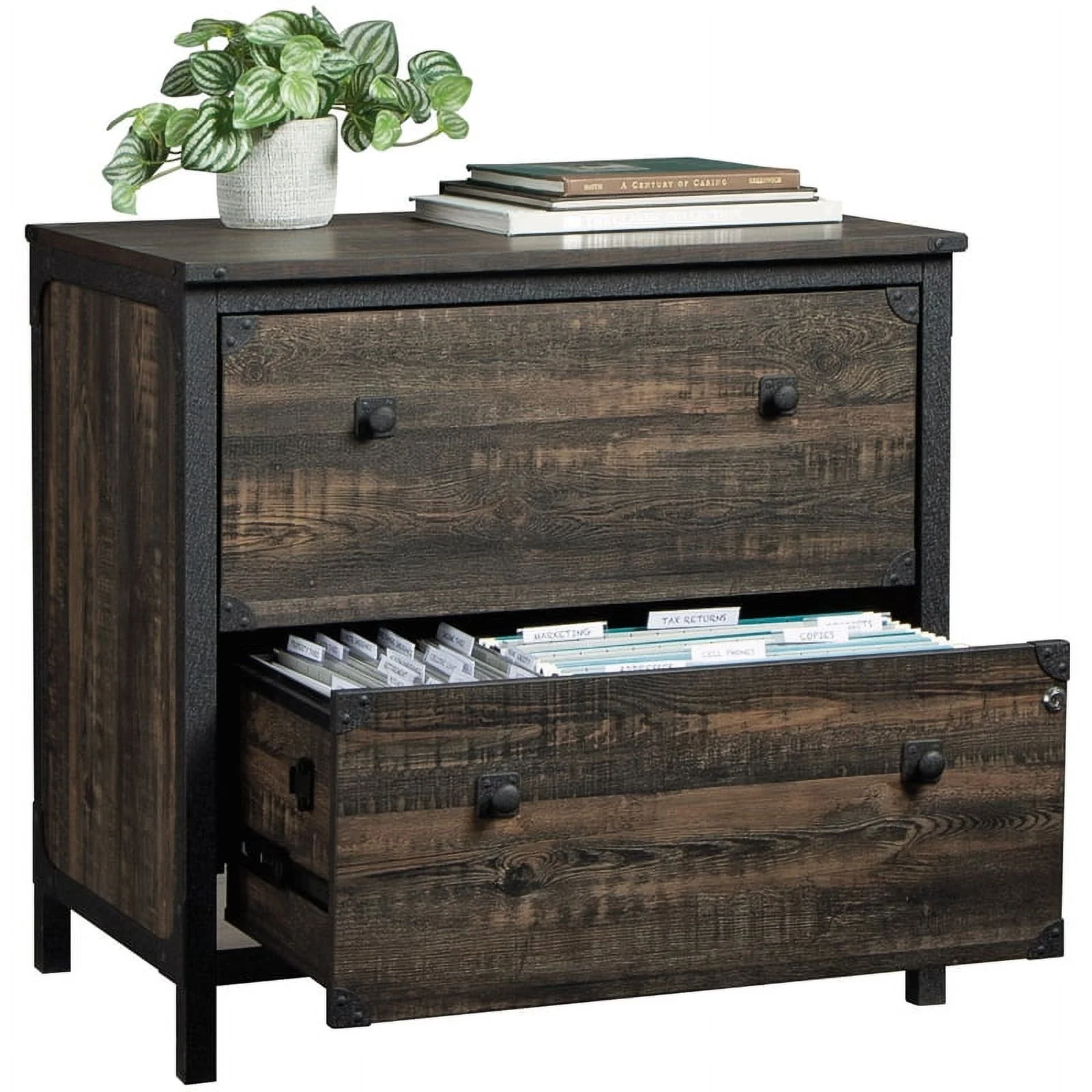 Home Square 2-Piece Set with Lateral File and Library Hutch in Carbon Oak
