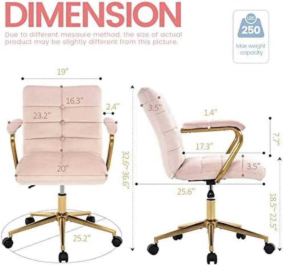 SQSFCB Velvet Home Office Desk Chair  Upholstered Adjustable Swivel Task Chair with Wheels  Tufted Mid-Back Computer Chair with Arms  for Study Living Room Vanity (Pink  Gold Base)
