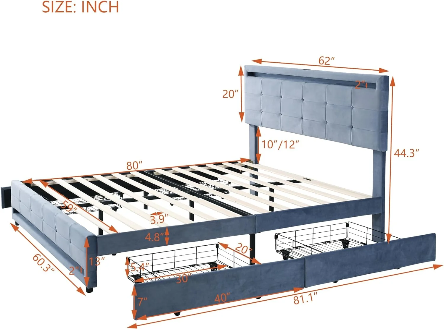 YILAN Queen Bed Frame with 4 Drawers, Thick Velvet Headboard with LED Light, Type C & USB Ports, Upholstered Platform Bed Queen Size w/Wood Slat Support Mattress Foundation, No Box Spring Needed