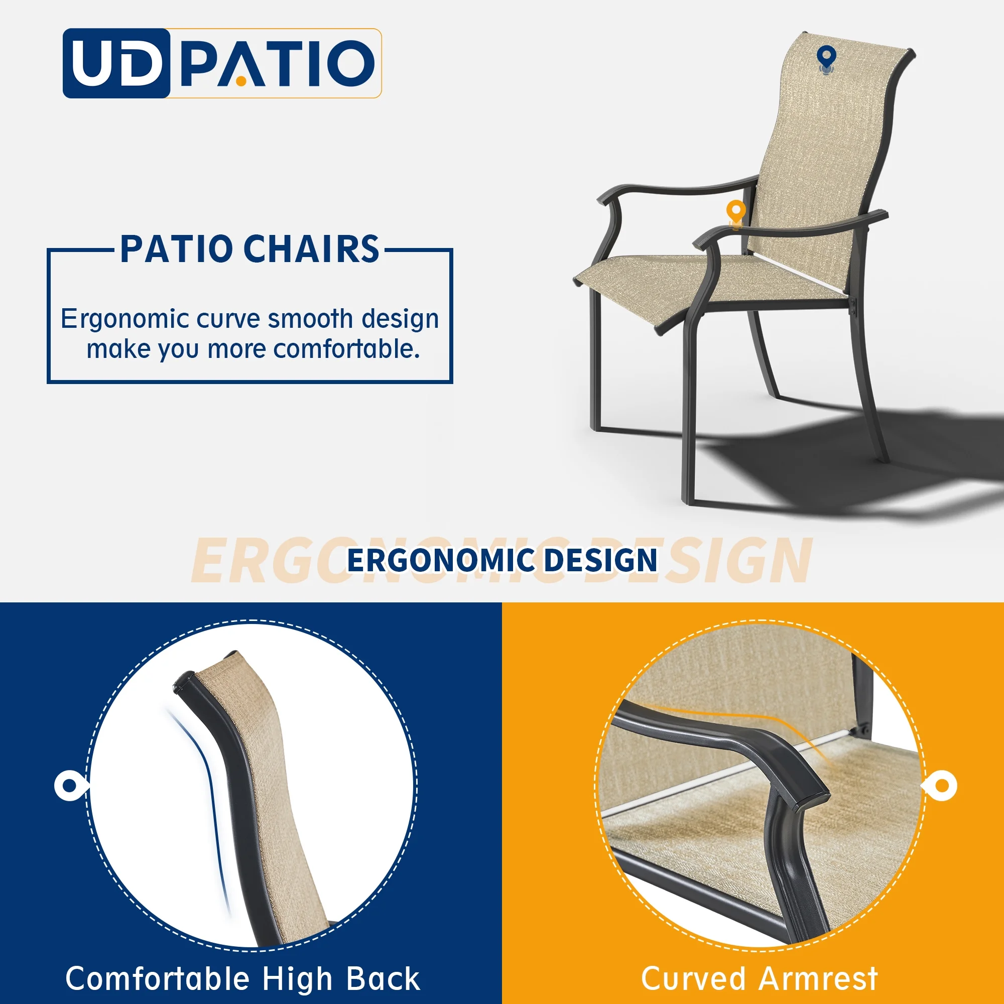 UDPATIO Patio Chairs Set of 2, Outdoor Dining Chairs High Back with All Weather Breathable Textilene, Metal Frame for Lawn Garden Backyard Deck, Brown