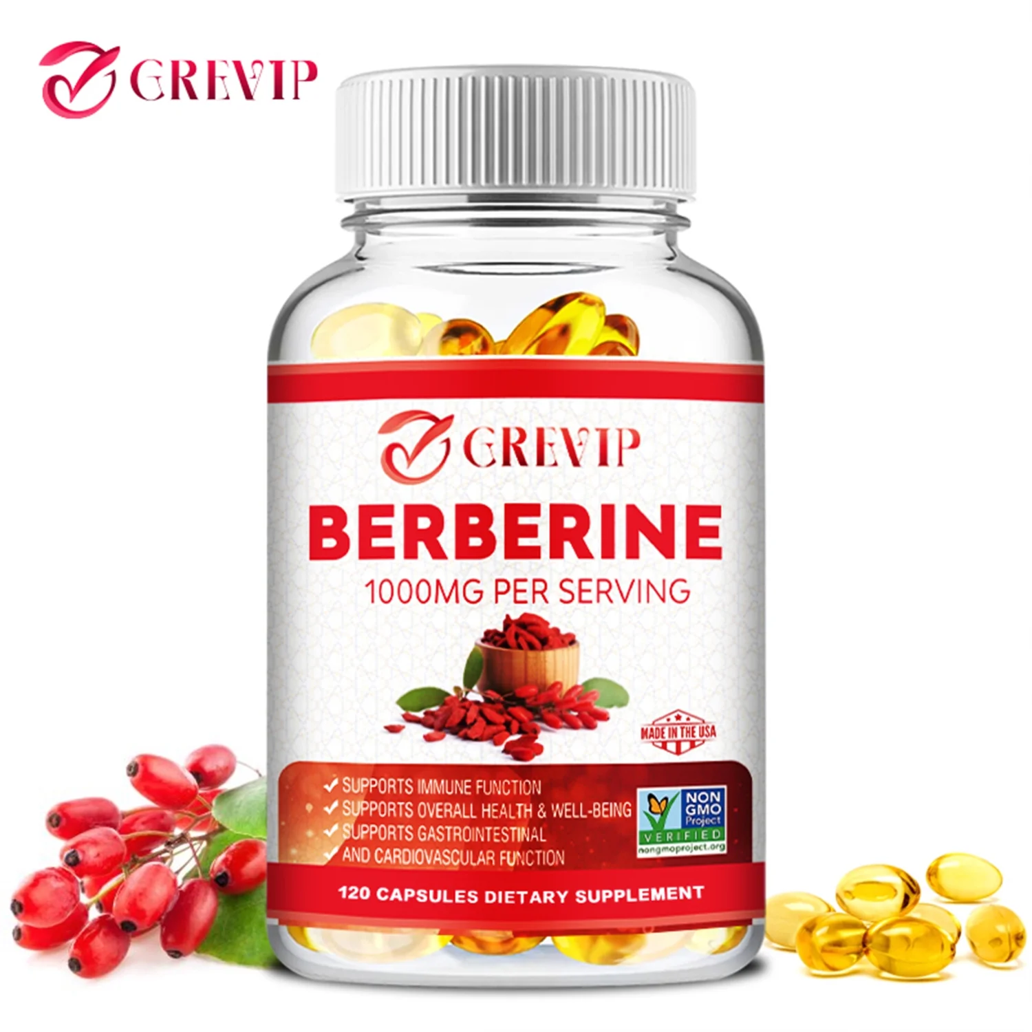 Grevip Berberine 1000mg -Healthy Cholesterol,Blood Sugar Support,Cardiovascular Health 120 Capsules