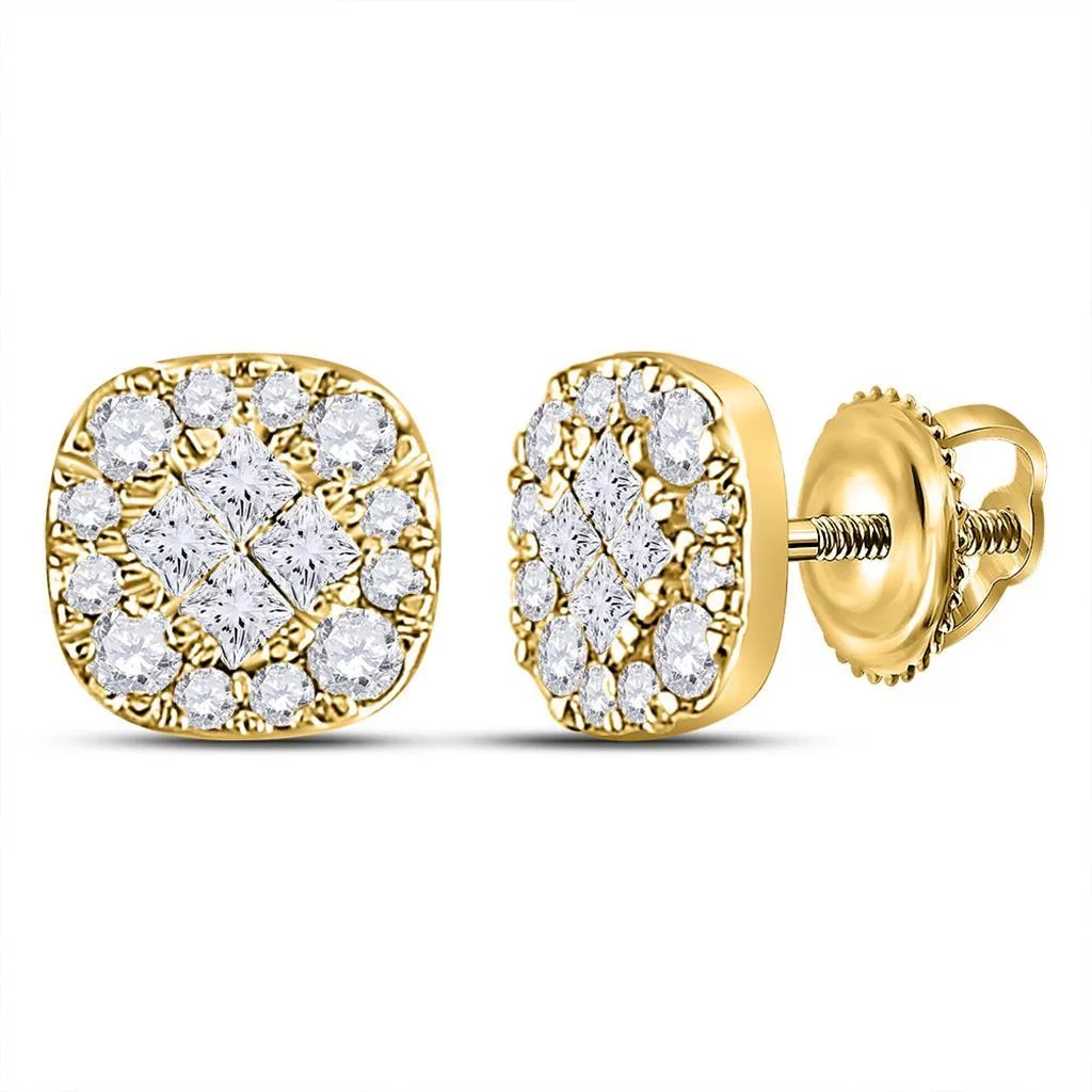 14k Yellow Gold Princess Round Diamond Square Cluster Earrings 1/2 Cttw