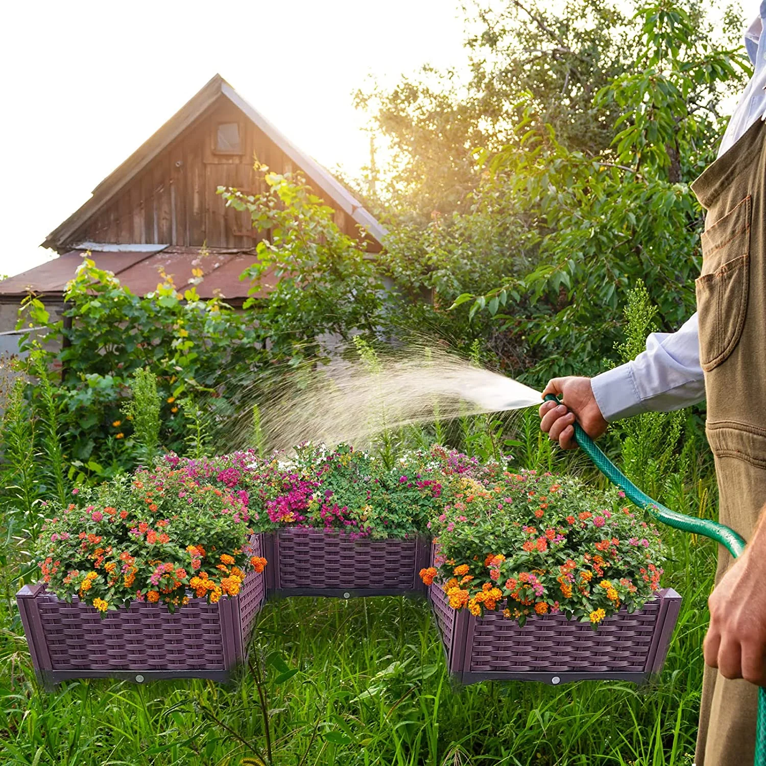 Doppy Plastic Raised Garden Bed,Rattan Style Grow Planter Care Box Kit for Flowers, Vegetables and Herbs, Planting Indoor/Outdoor, Easy Assembly Set of 5