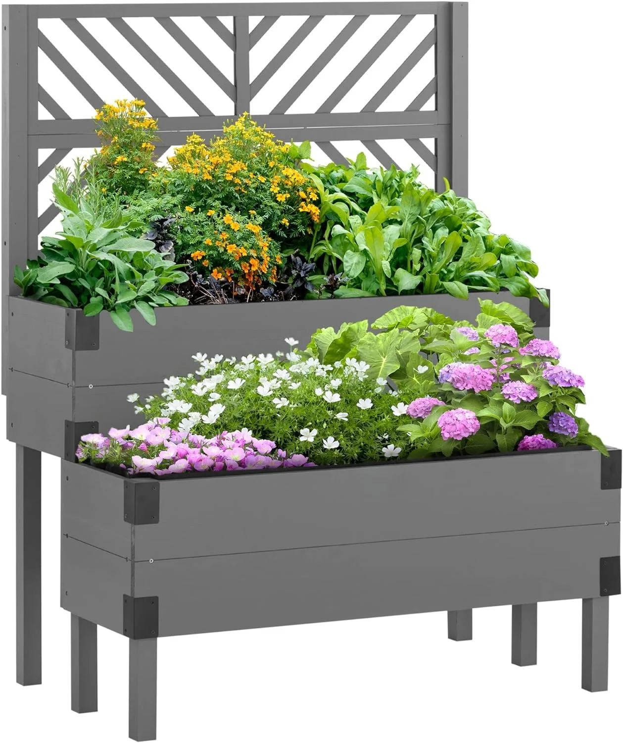 2 Tier Raised Garden Bed with Trellis, Wooden Elevated Planter Box with Legs and Metal Corners, for Vegetables, Flowers, Herbs, Gray
