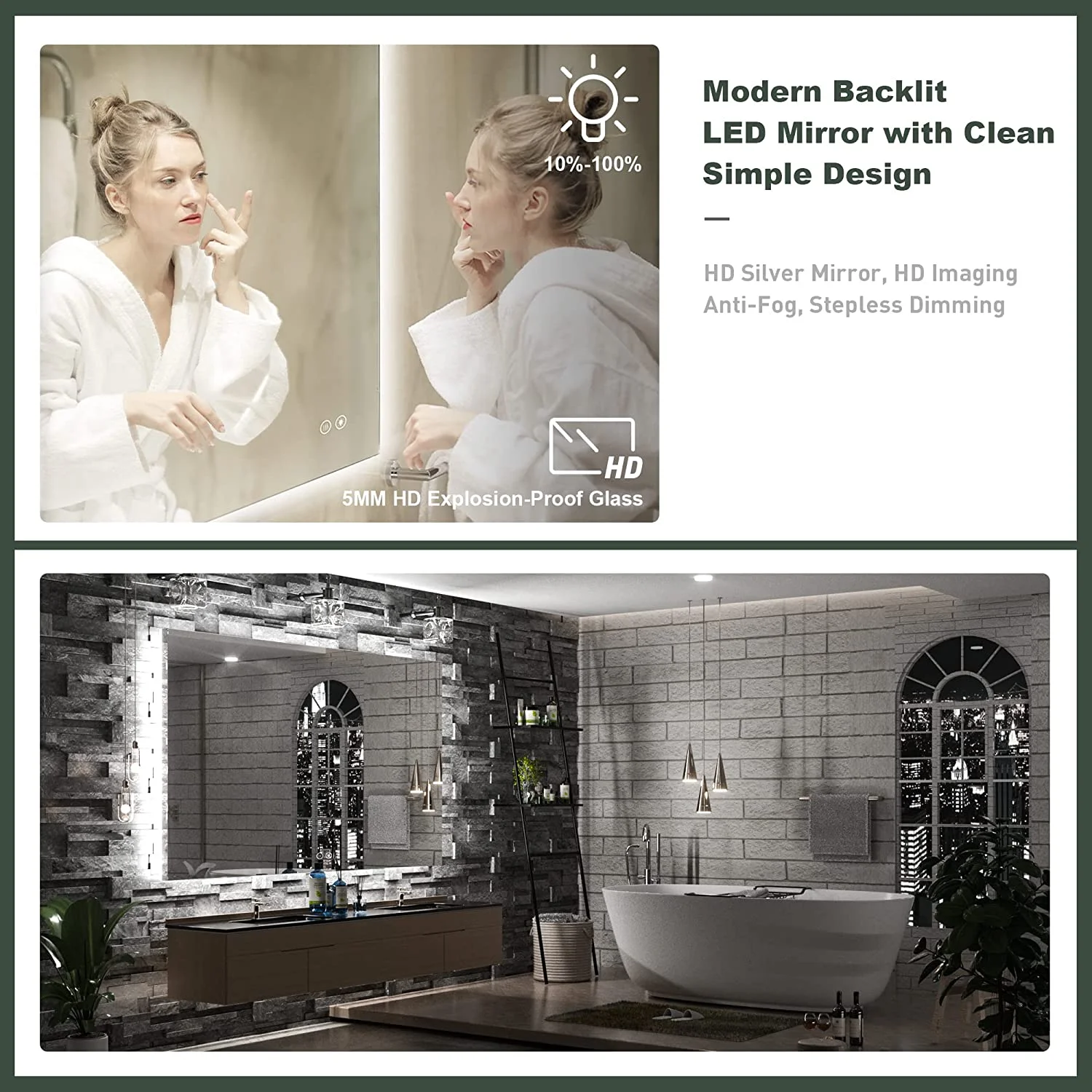 RUO 28 x 36 Inch LED Backlit Mirror Bathroom Anti Fog Lighted Mirrors for Wall, Modern Bathroom Vanity Mirror with Lights with Switch, Dimmable (Horizontal/Vertical)