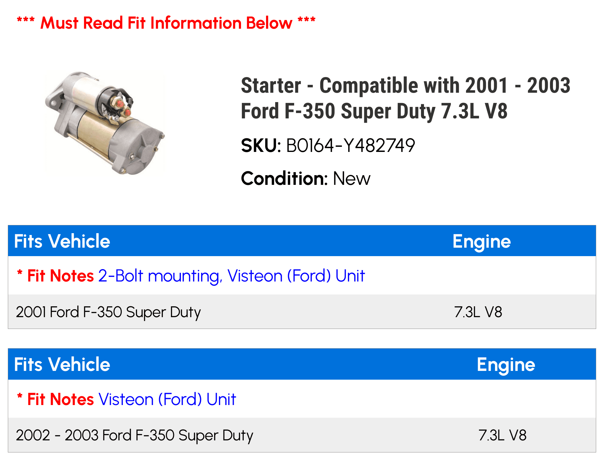 Starter - Compatible with 2001 - 2003 Ford F-350 Super Duty 7.3L V8 2002