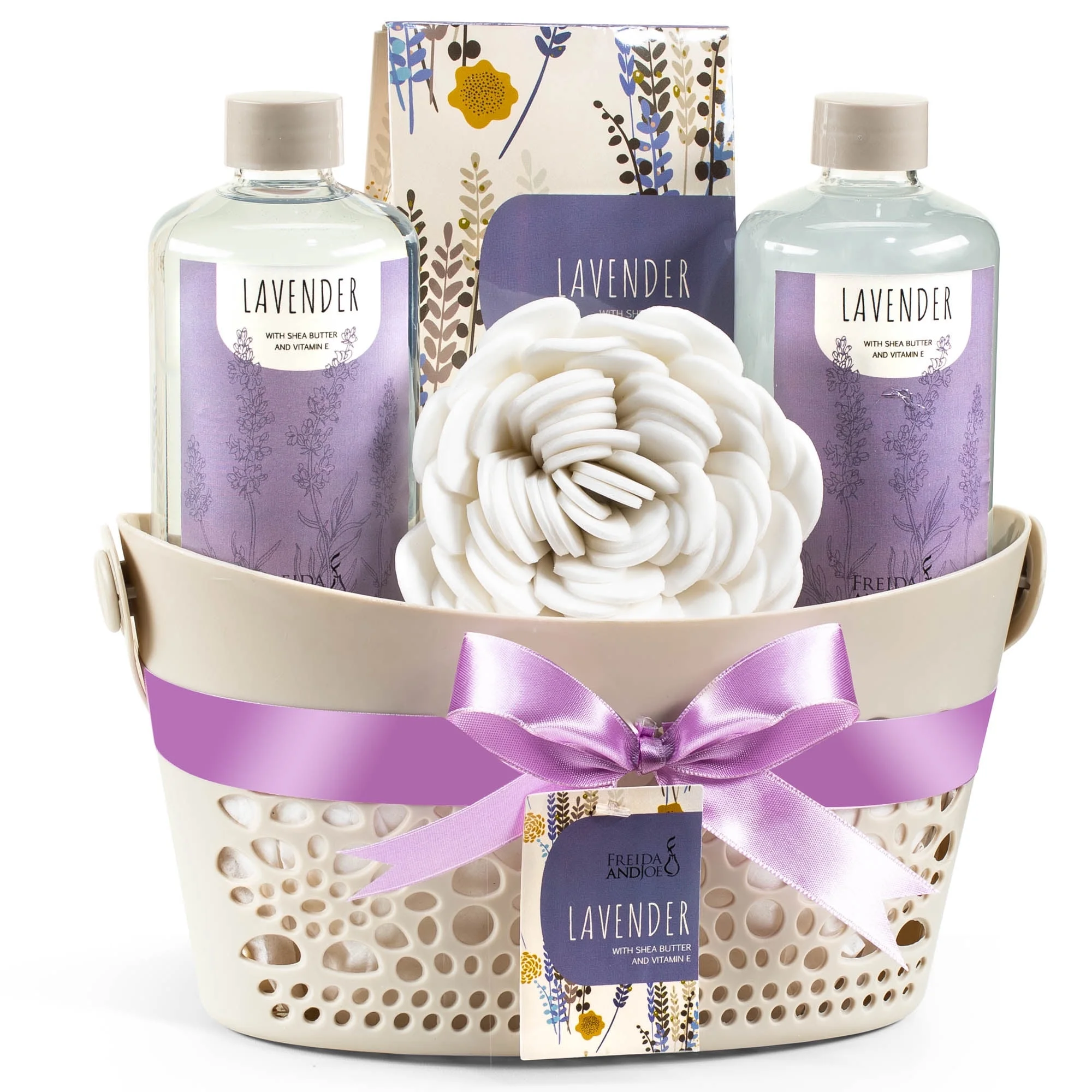 Freida & Joe Lavender Fragrance Bath & Body Spa Gift Set Basket - Gift for Her Luxury Body Care Mothers Day Gifts for Mom