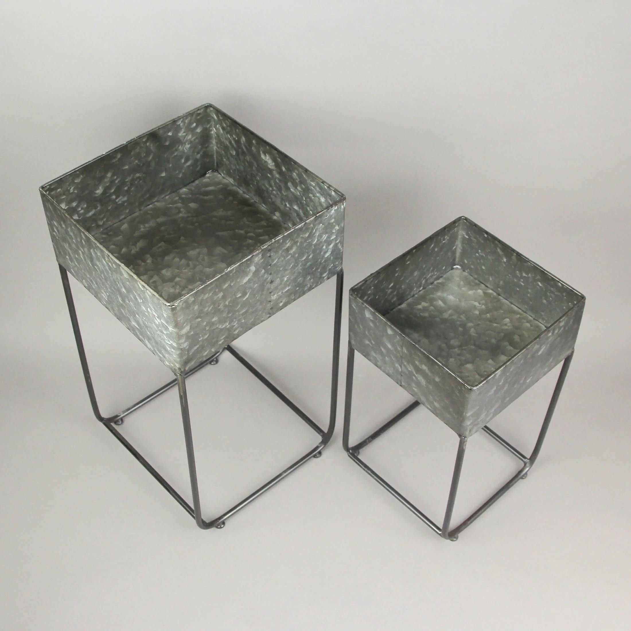 Zeckos Galvanized Zinc Finish Metal Square Planters on Stands Set of 2