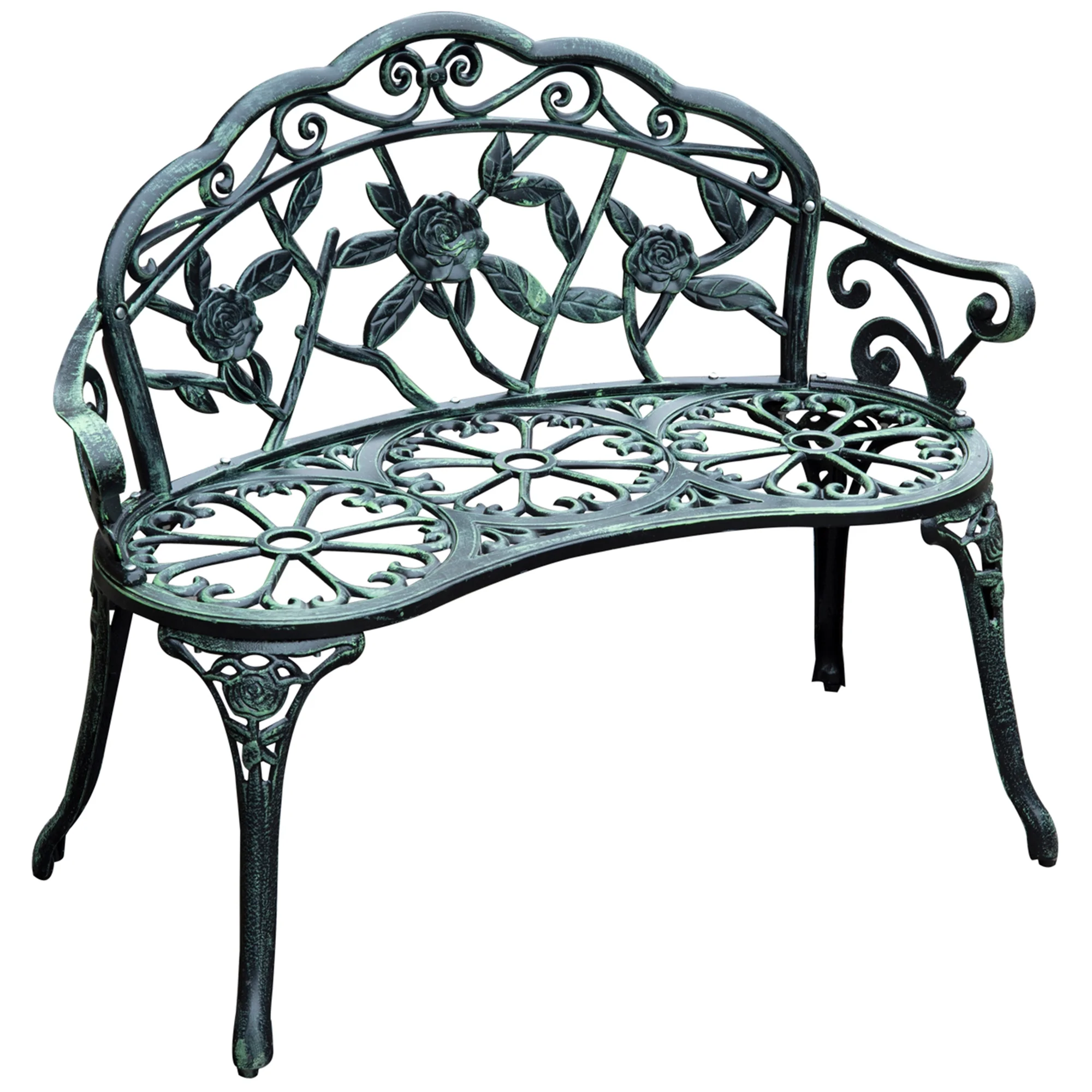 CoSoTower Outdoor Bench, Cast Aluminum Outdoor Furniture, Metal Bench with Floral Rose Accent & Antique Finish, Green