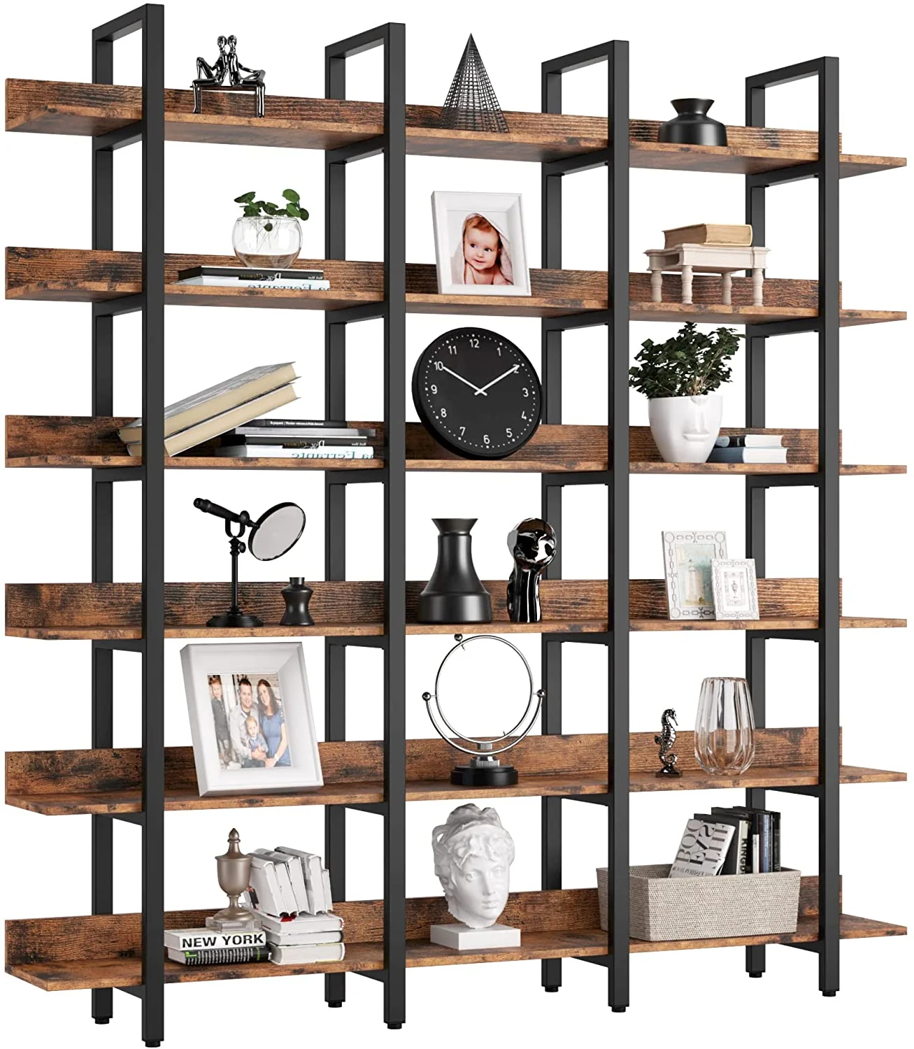 U-ToBe  Bookcase and Bookshelves Triple Wide 6-Tiers Large Open Shelves, Etagere Bookcases with Back Fence for Home Office Decor, Easy Assembly, Vintage Brown