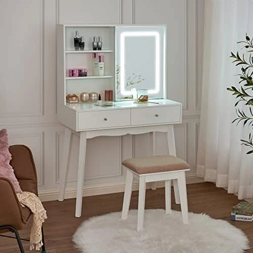 TJCGDTY Vanity Desk with Mirror and Lights   Vanity with Lights  White   Desk with 3 Color Lighting  Vanity Table with Cabinet & 2 Drawers  Dressing Table  Table FST15M