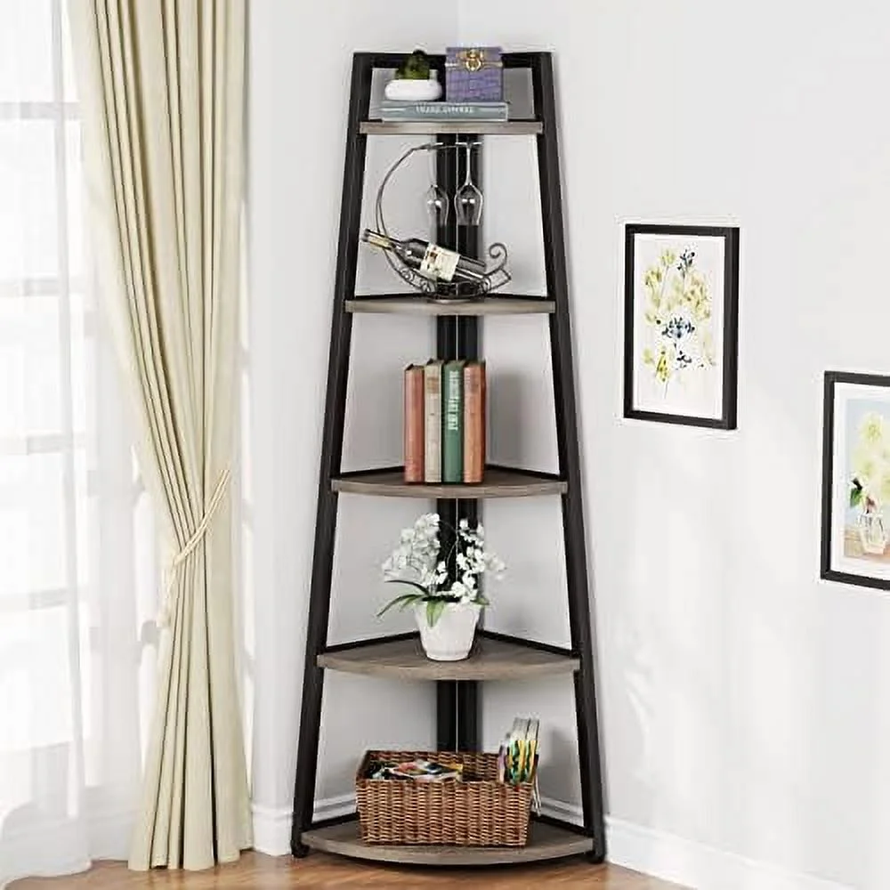 TQJKLFDY 70 inch Tall Corner   5 Tier Modern Corner Bookshelf Bookcase Industrial Corner Ladder  Plant Stand for Living Room  Kitchen  Home Office (Black)