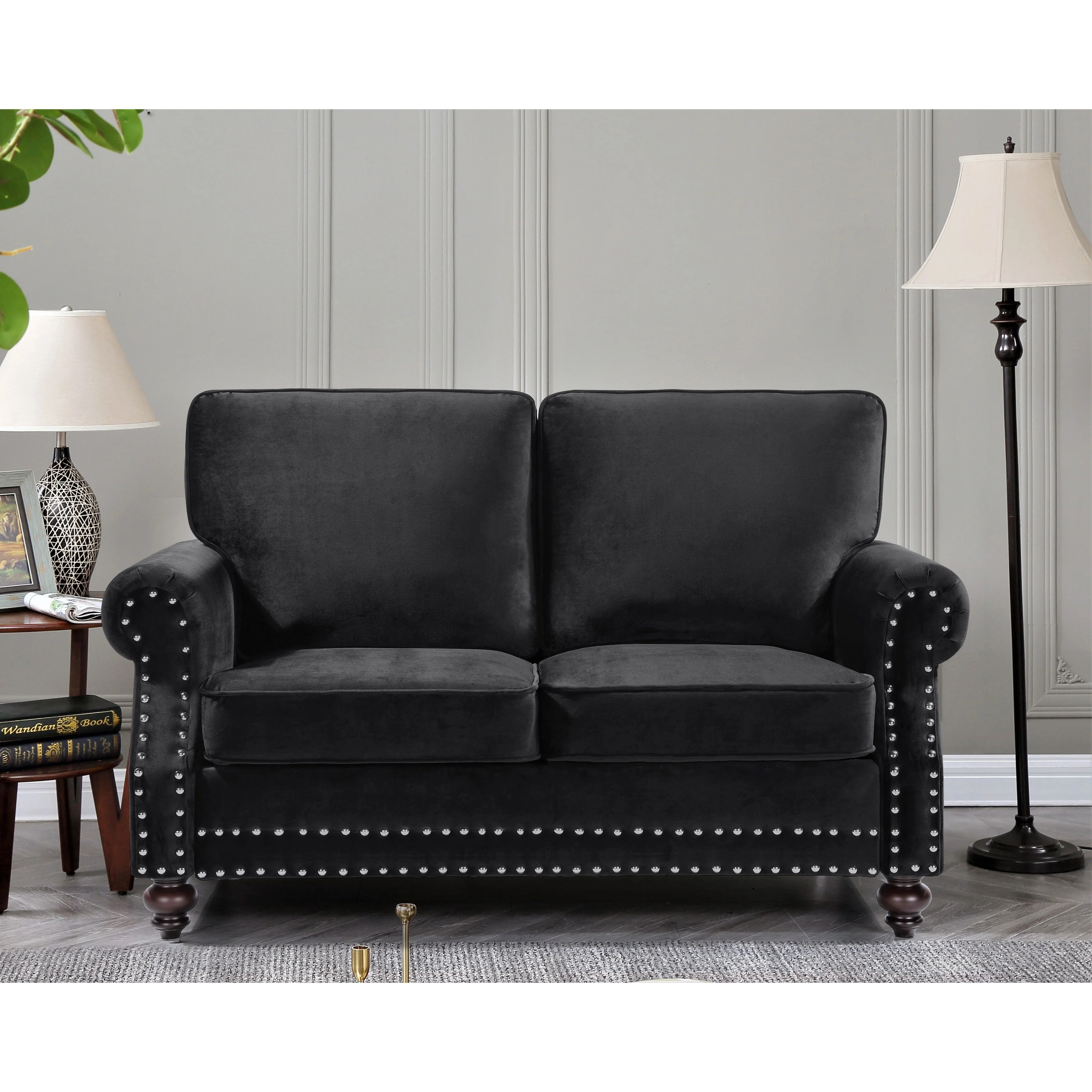 US Pride Furniture Ramos Nailhead Velvet Loveseat Black