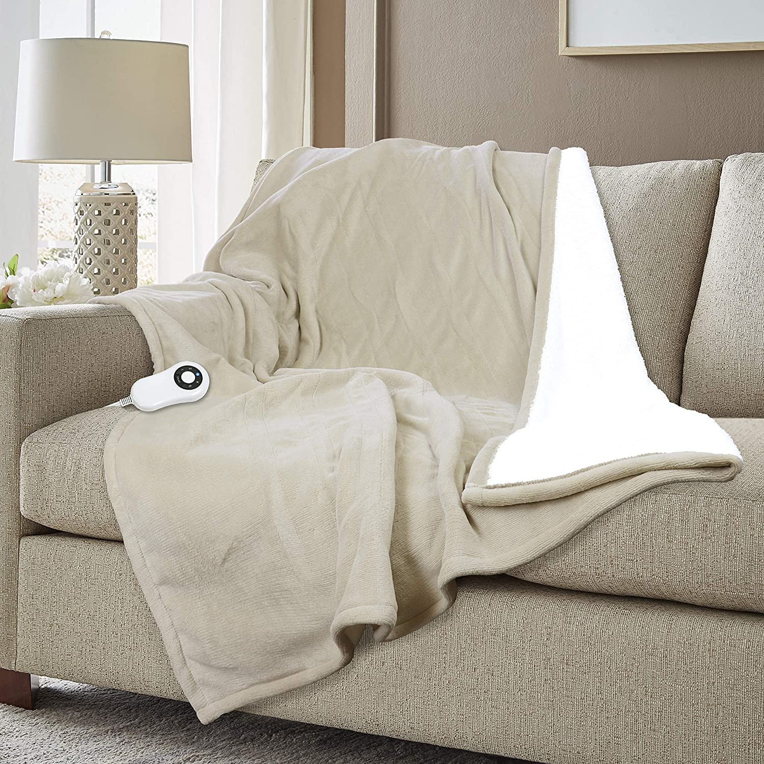 Serta Microplush Sherpa Electric Heated Warming Throw Blanket Sand