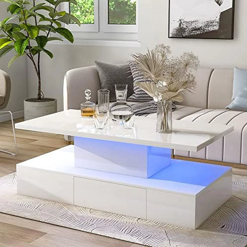 xrboomlife LED Coffee Table Cocktail Table with Light  Black Modern Living Room   Industrial Design Center Table with 16-Color LED Lighting and  Remote Control  2-Tier Rectangle Coffee Ta