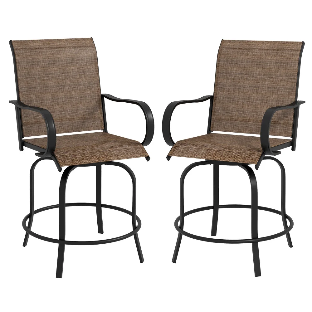 Outdoor Bar Stools with Armrests, Set of 2 360° Swivel Bar Height Patio Chairs with High-Density Mesh Fabric, Steel Frame Dining Chairs for Balcony, Poolside, Backyard, Tan