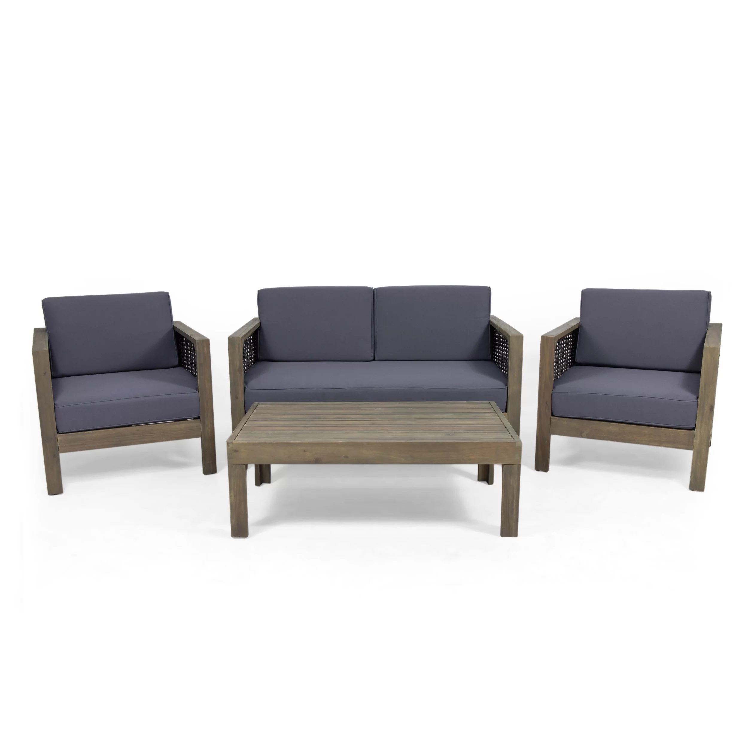 GDF Studio Allegra Outdoor Acacia Wood and Wicker 4 Seater Chat Set with Cushions, Gray, Mixed Gray, and Dark Gray