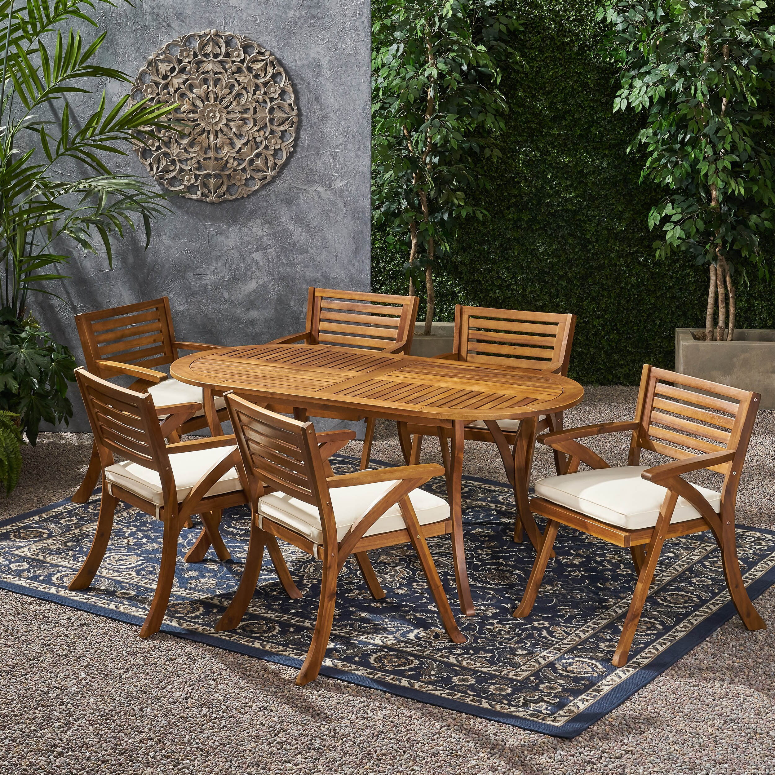 Christopher Knight Home Hermosa Acacia Wood Outdoor 7-piece Dining Set by  Teak Finish+Cream