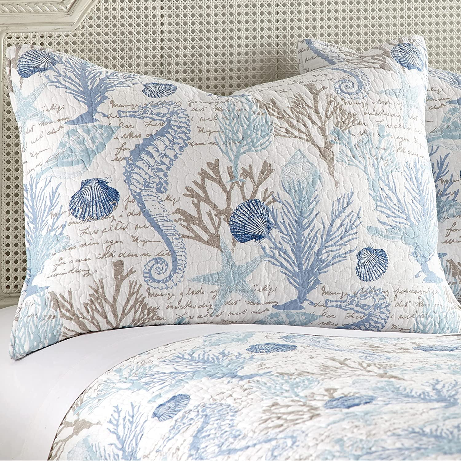 Galapagos Quilt Set  King Quilt + Two King Pillow Shams  Coastal  Blue, Grey, Taupe And White  Quilt Size (106X92in.) And Pillow Sham Size (36X20in.)  Reversible  Cotton Fabric