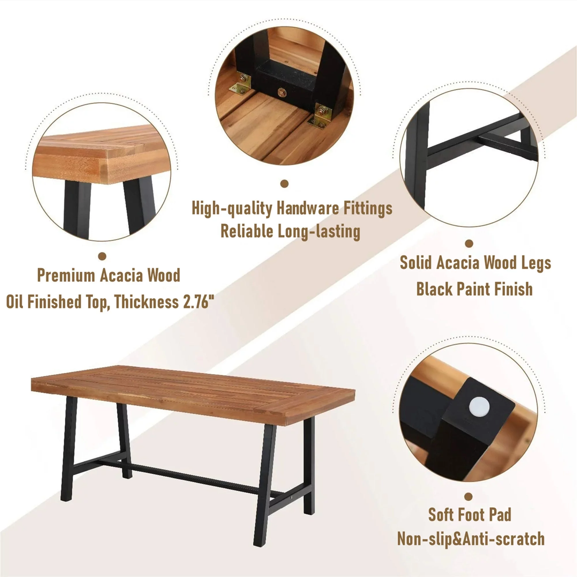 MF Studio 6-Piece Patio Dining Set with Acacia Wood Table&Bench, 4 Cushioned Wicker Chairs, Black&Brown