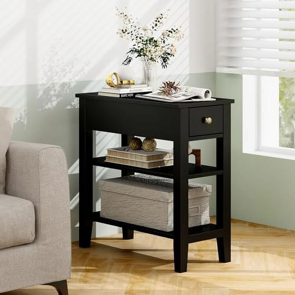 JDZHAPPYLIFE Night Stand  End Tables with  Drawer and 2 Tiers   23.6"  Bookshelf for Bedroom  Living Room  Easy Assembly (White)