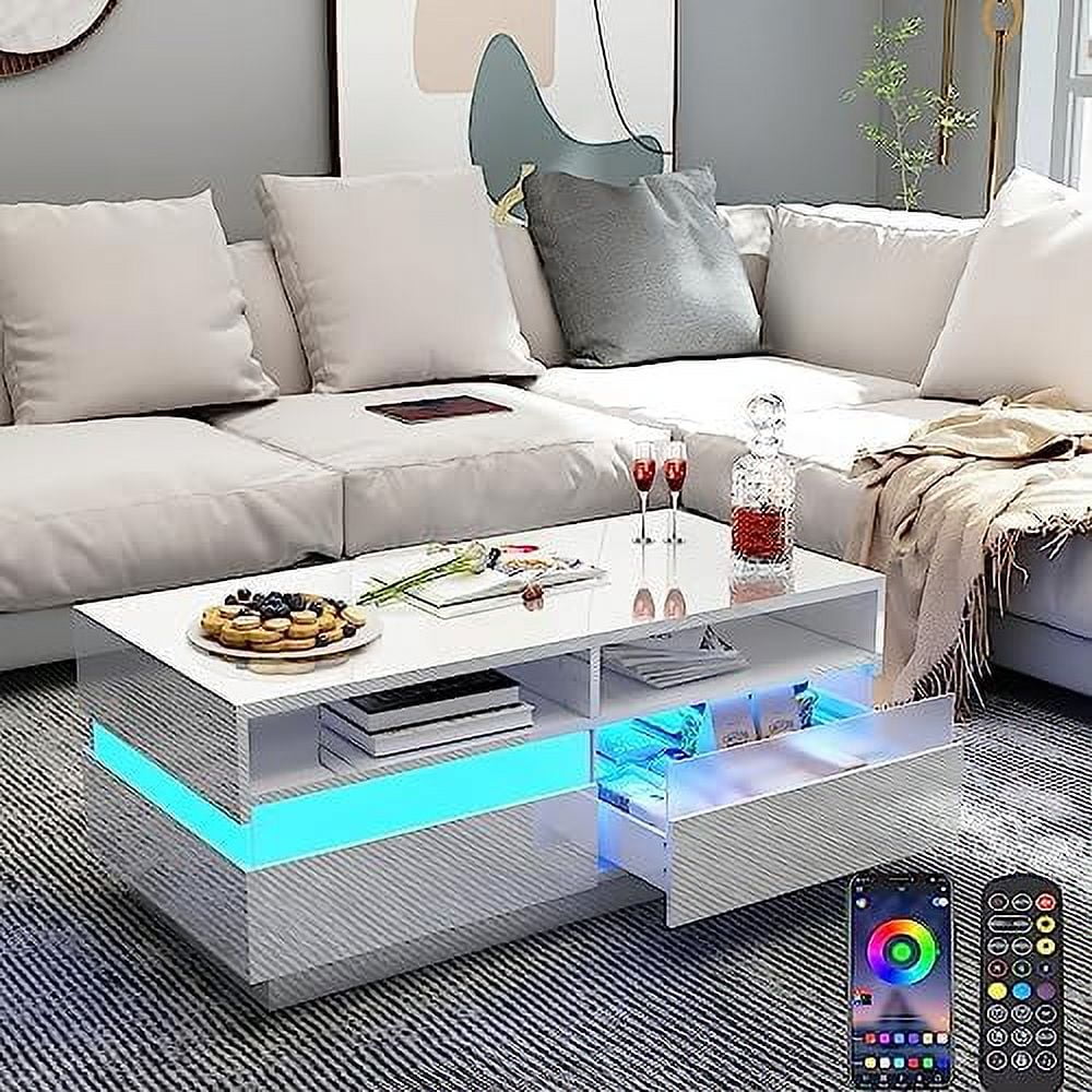 xrboomlife Modern High Glossy LED Coffee Table w/ 2  Drawers Open Display  2-Tier White Coffee Table w/60000-colo APP Control Rectangle Center Table for Living Room