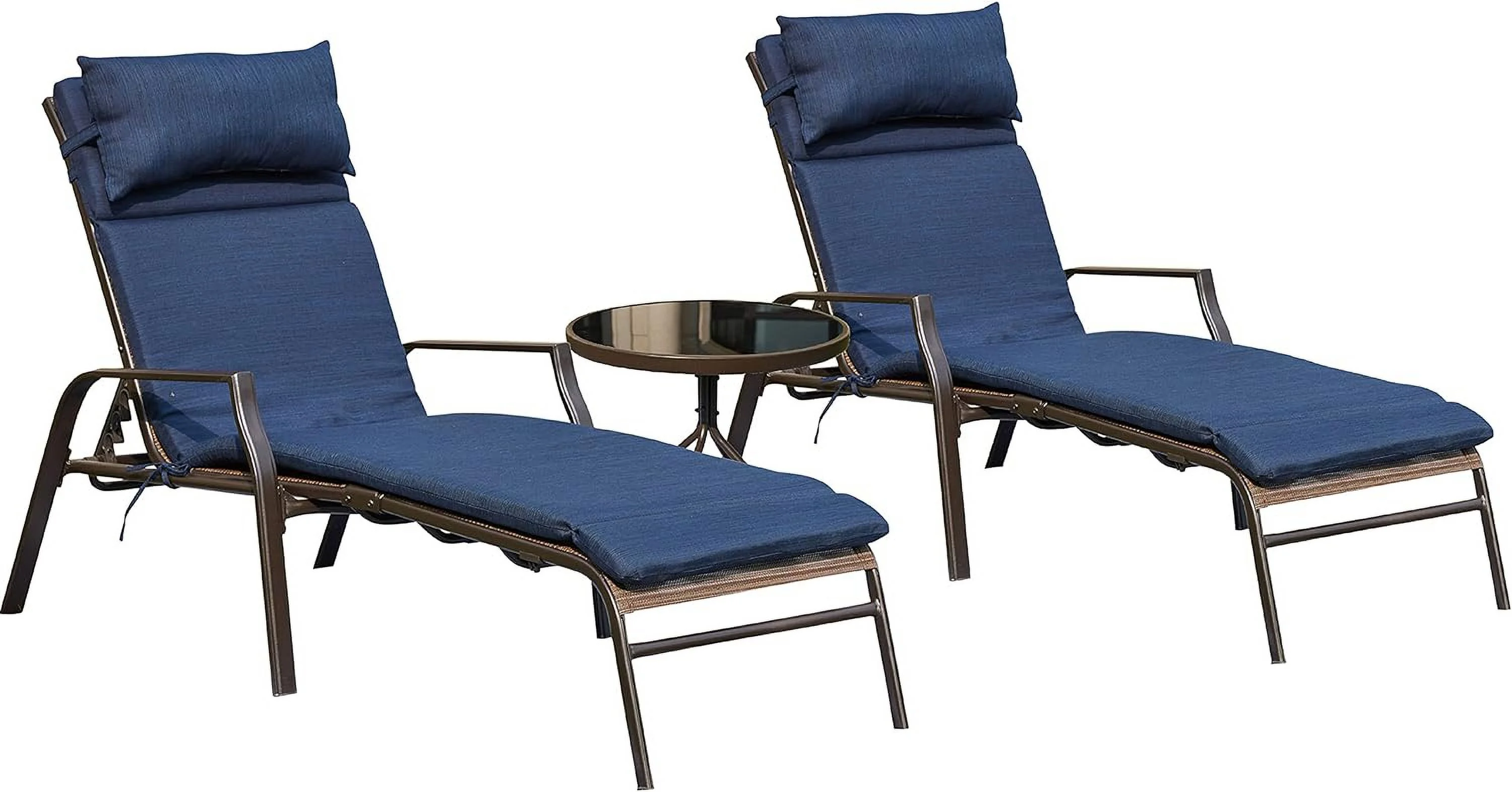 3 Pieces Outdoor Patio Chaise Lounge Chair Lounger Seating Furniture Set With Cushions And Table, Navy Blue