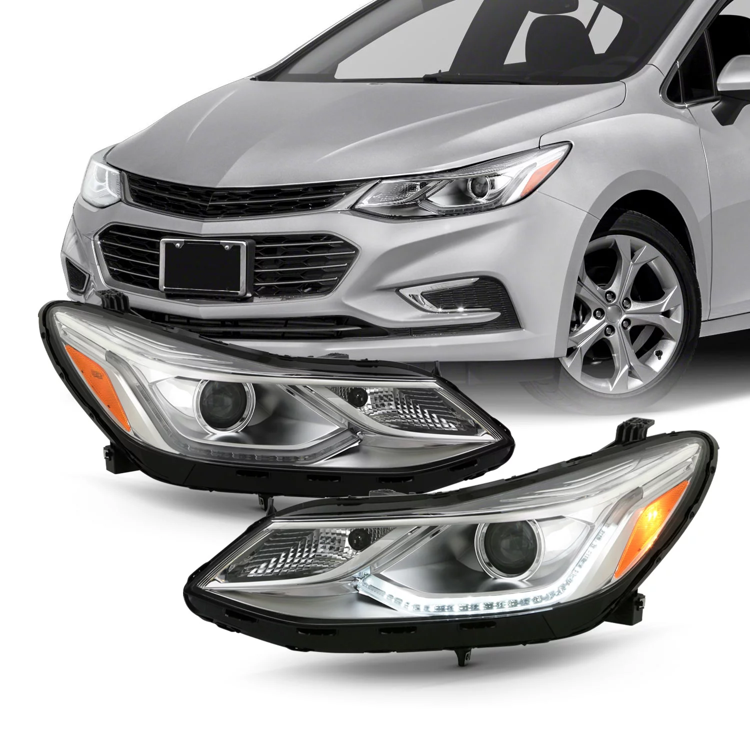 AKKON - Fits 2016 2017 2018 2019 Chevy Cruze Sedan [Halogen Type] w/ LED Lamp Chrome Projector Headlights Pair Driver + Passenger