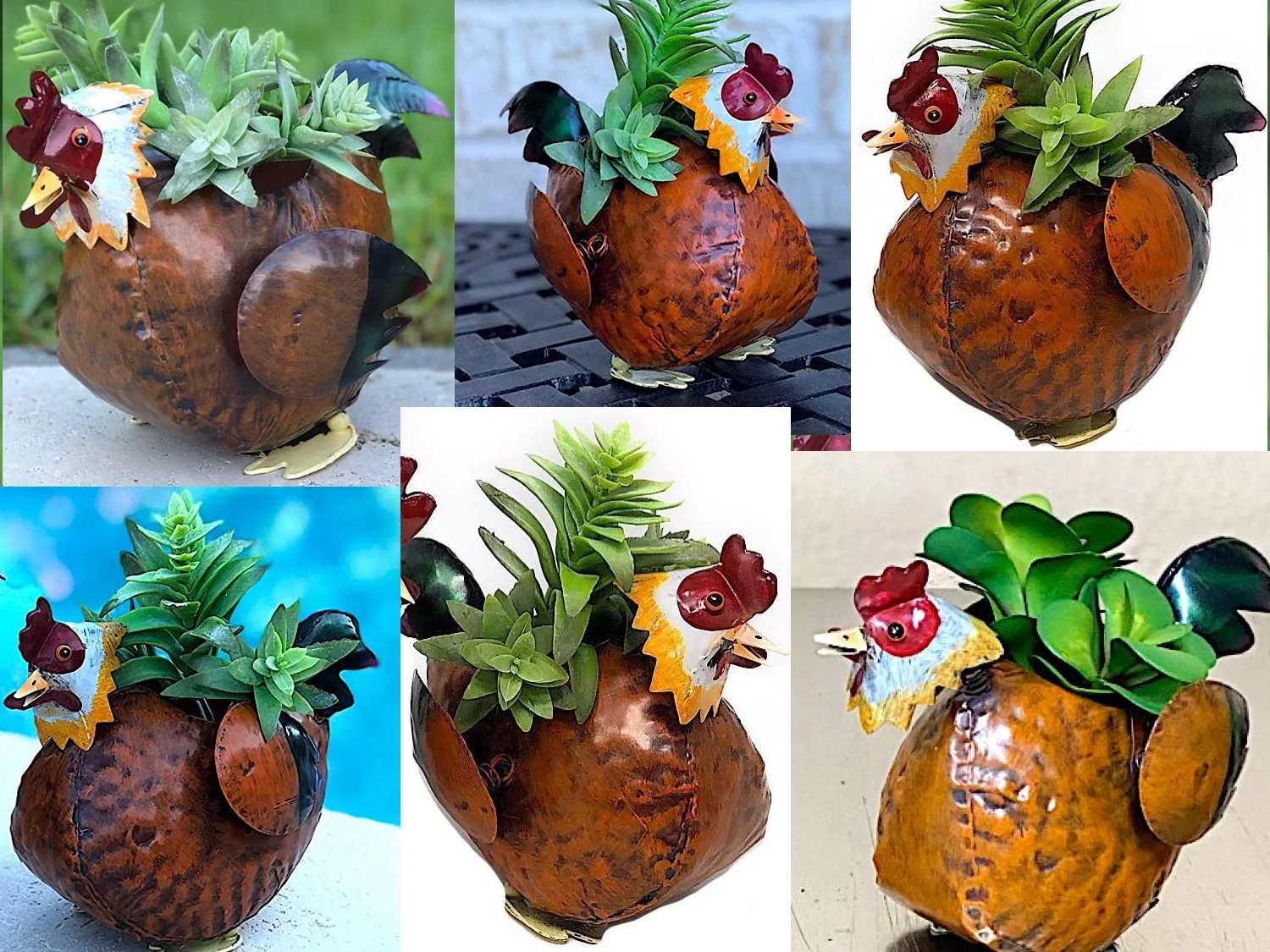 S/3 Chicken Planters Small Brown Metal Rustic Indoor Outdoor Decor Farmhouse Barnyard Inspired 7