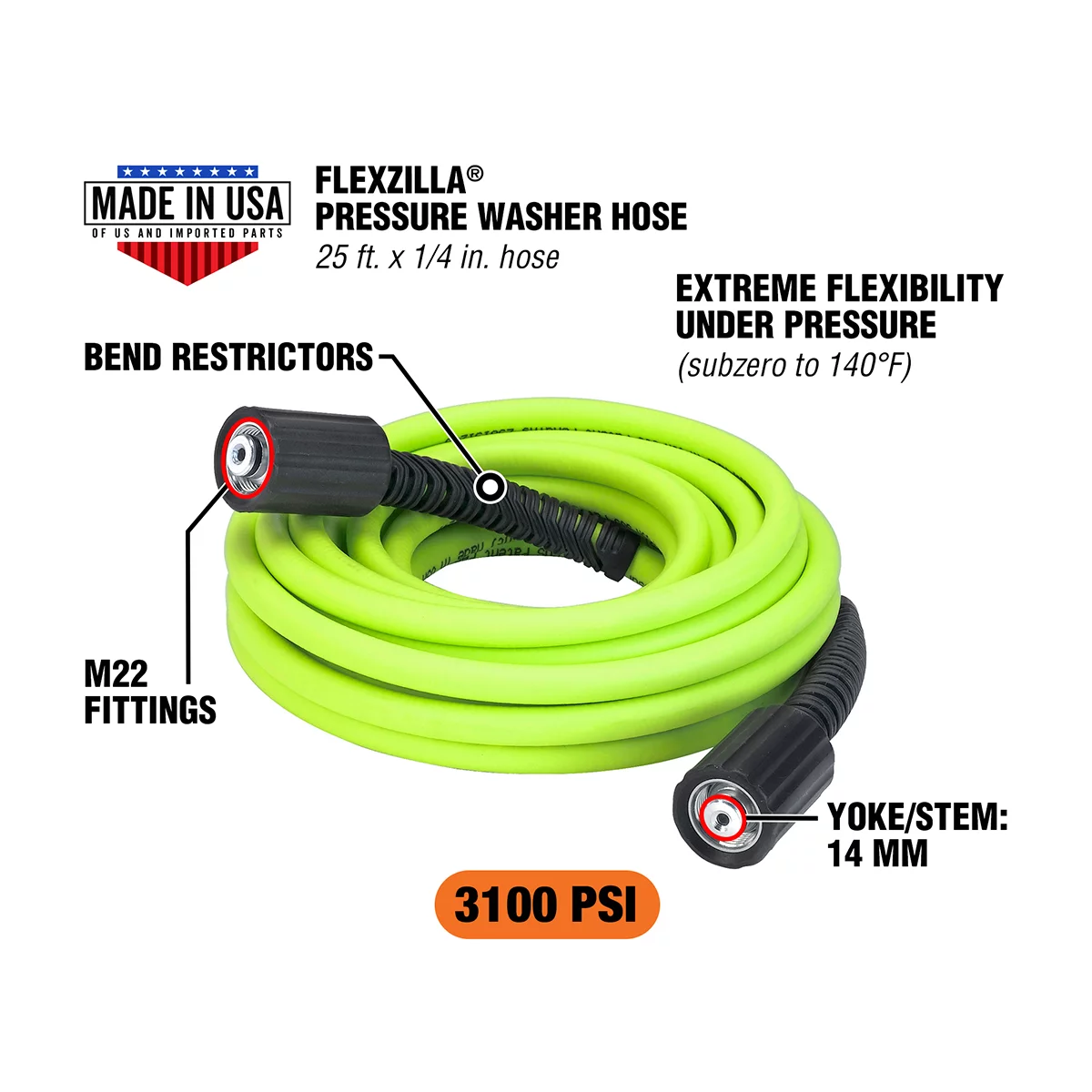 Flexzilla Pressure Washer Hose, 1/4 in. x 25 ft., 3100 PSI, M22 Fittings, ZillaGreen