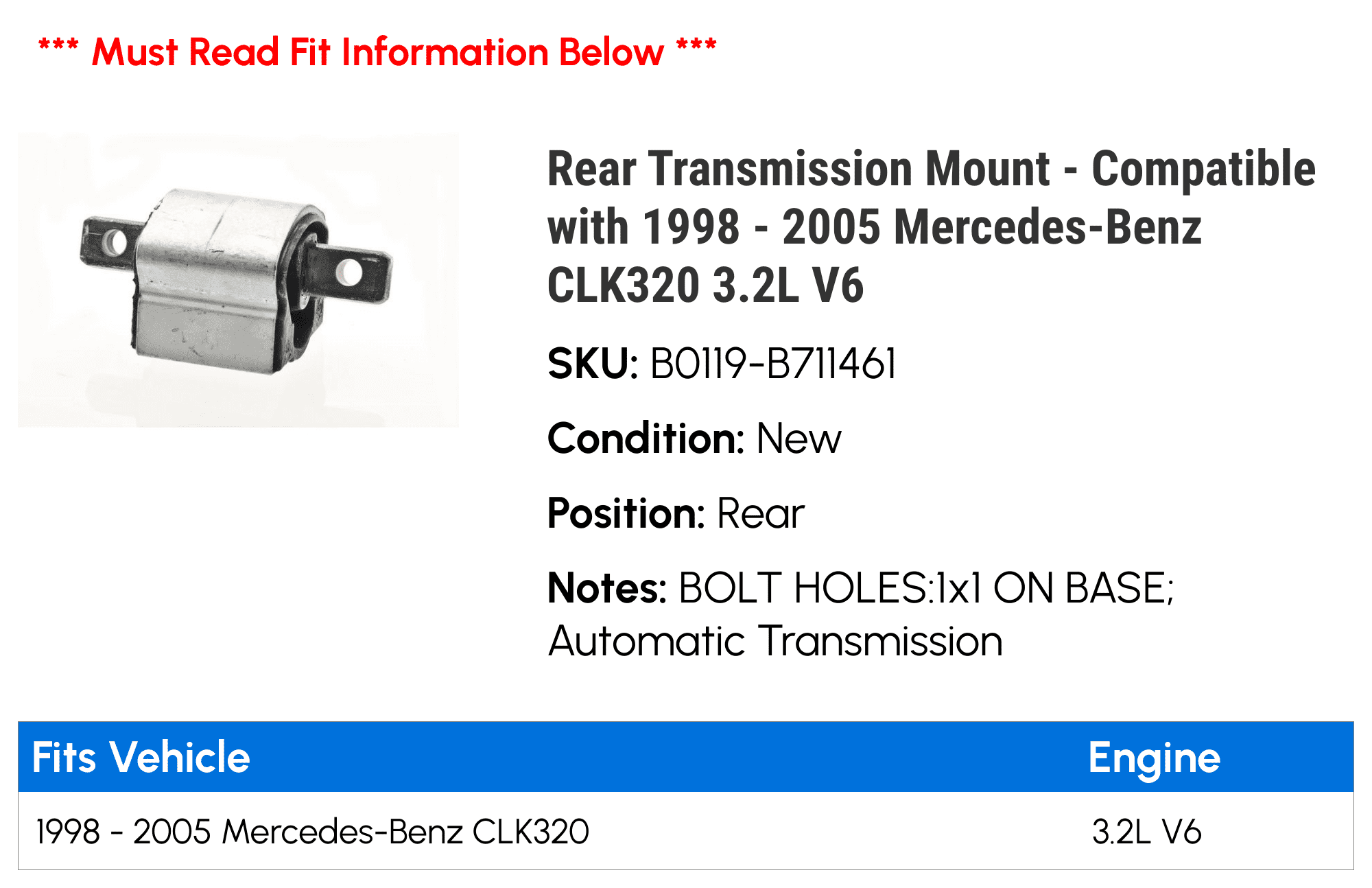Rear Transmission Mount - Compatible with 1998 - 2005 Mercedes-Benz CLK320 3.2L V6 1999 2000 2001 2002 2003 2004