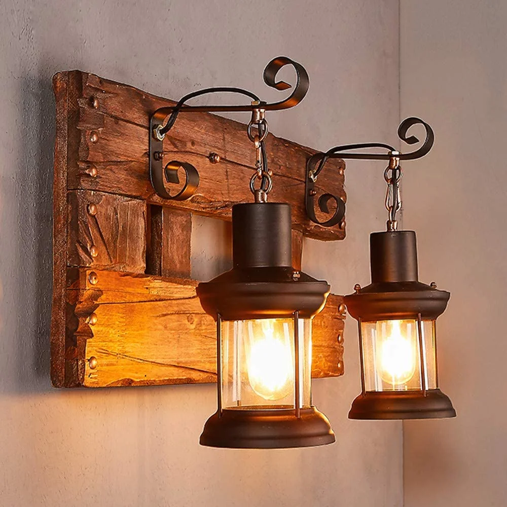 Industrial Farmhouse Wall Sconce Lighting Fixture Wooden Base Indoor Wall Lamp Light with 2 Lantern Lights for Bar Restaurant