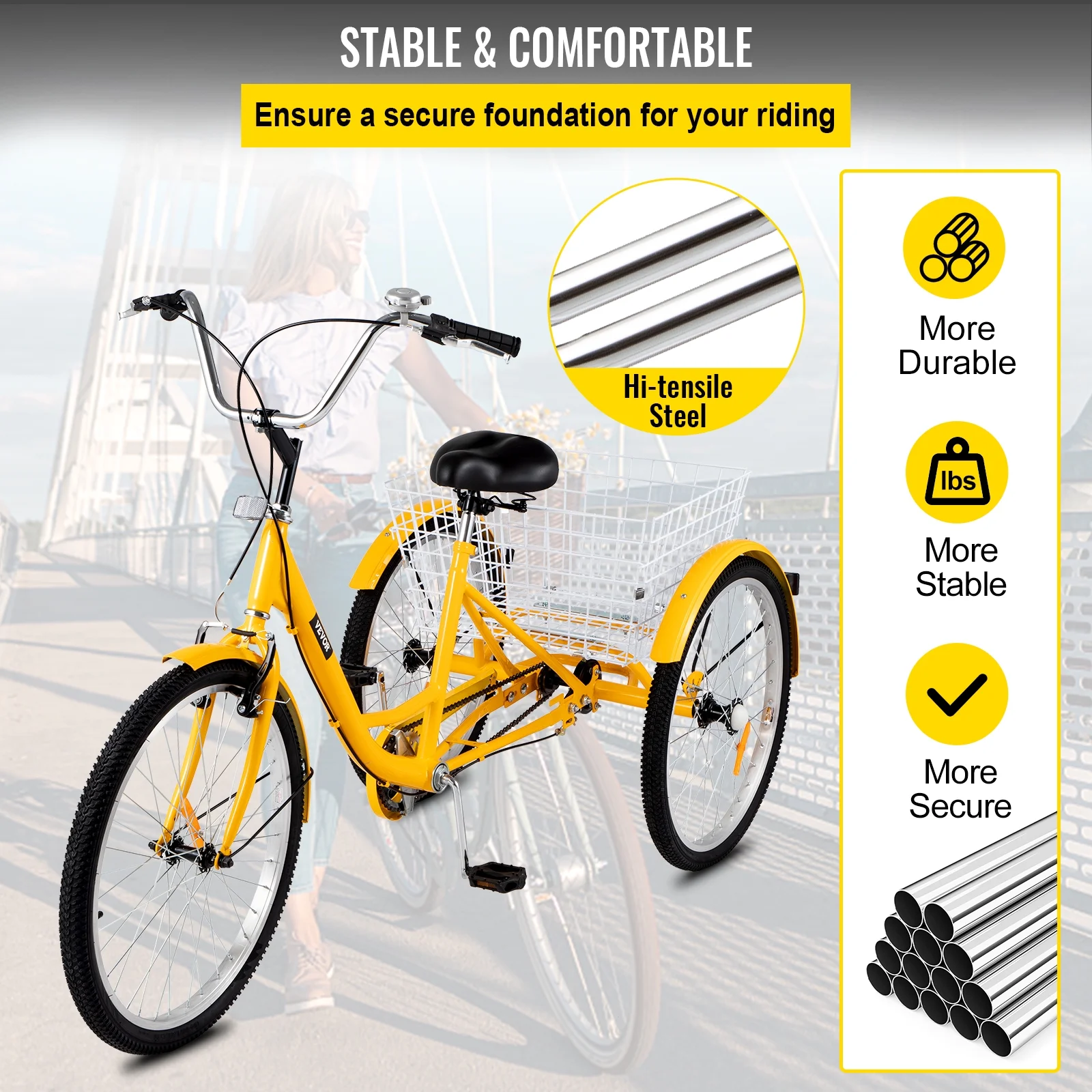 SKYSHALO Adults EldersTricycle 24 inch, 1 Speed, Three Wheel Bikes Yellow Trike Tricycle with Bell Brake System, Bicycles with Cargo Basket for Shopping