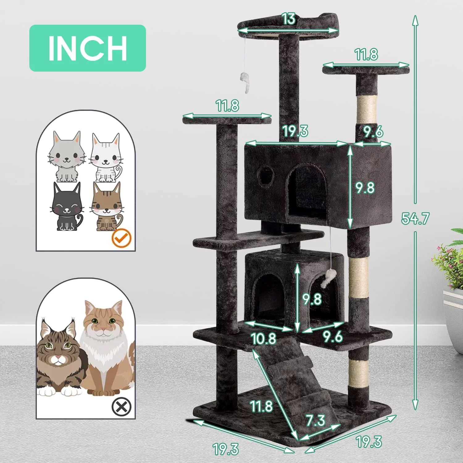 BestPet 54in Multi-Level Cat Tree Tower with Cat Scratching Post Stand House Furniture Kitty Activity Tree,Black