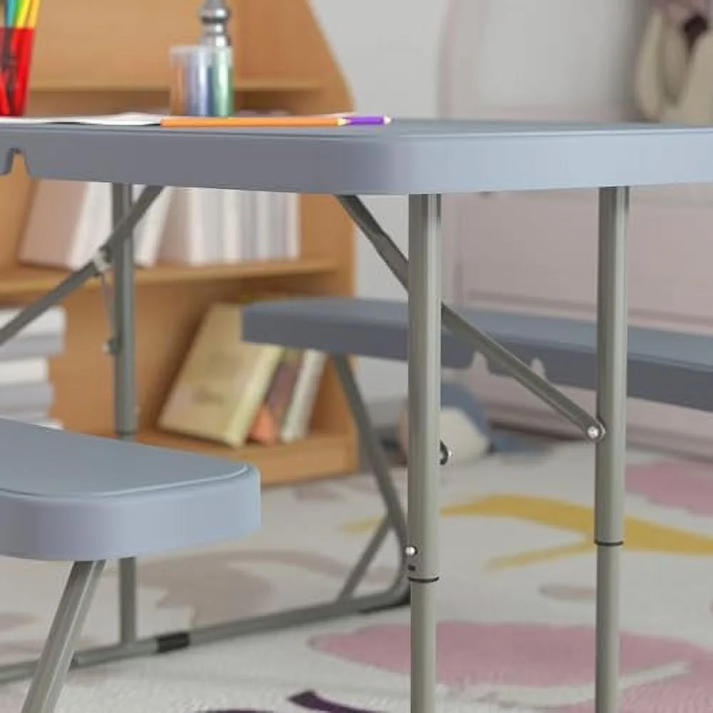 TJCGDTY Aryka Kid's Gray Easy Fold Waterproof  Stain and Impact Resistant Plastic Picnic Table with  and Gray Steel Tube Frame