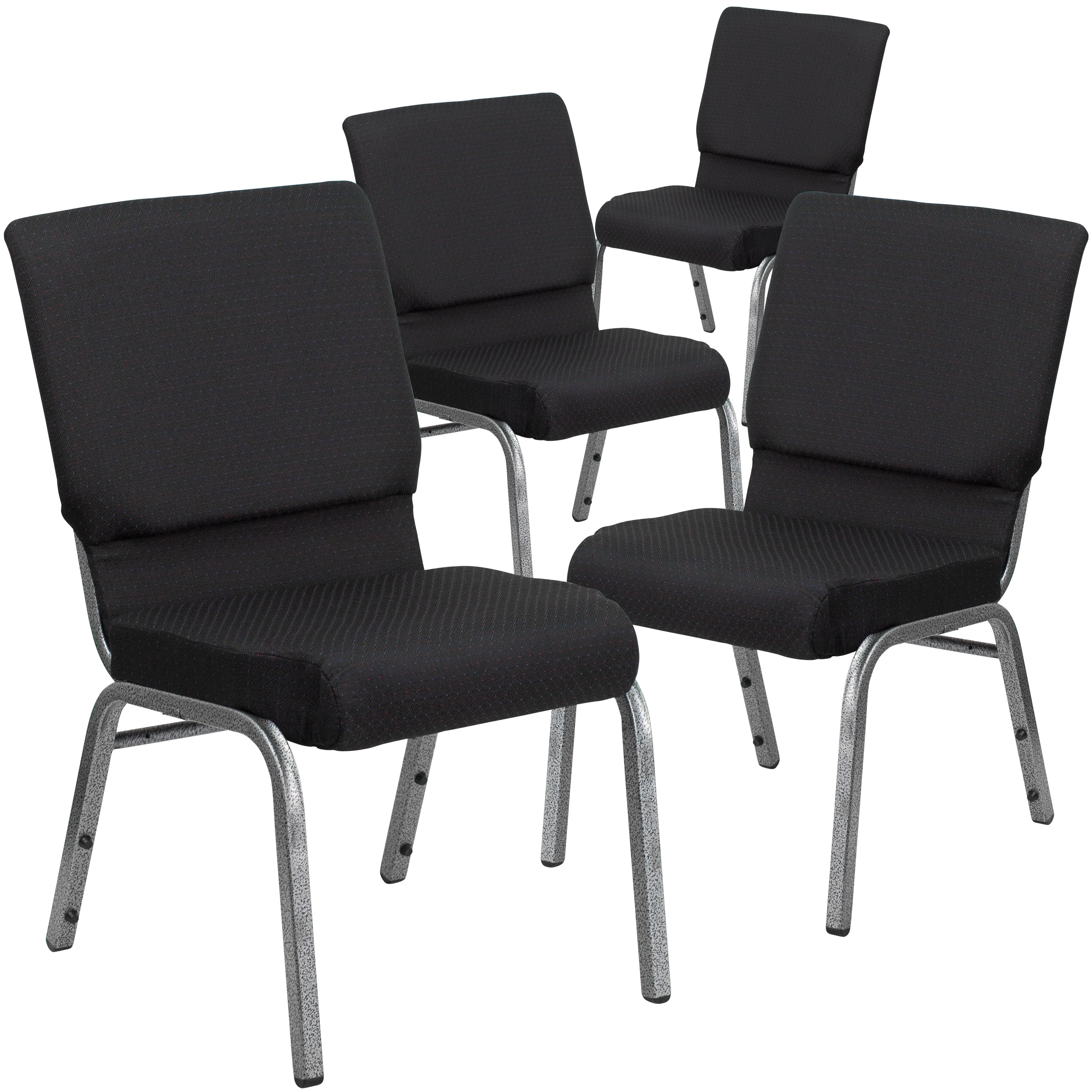 BizChair 4 Pack 18.5''W Stacking Church Chair in Black Patterned Fabric - Silver Vein Frame