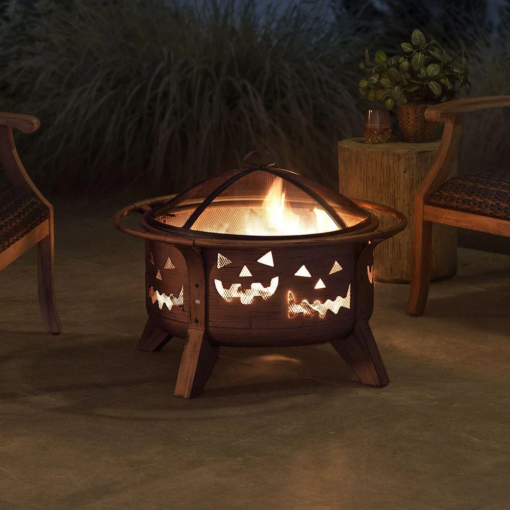Sunjoy 30 in. Outdoor Wood-Burning Fire Pit, Patio Jack-o-Lantern Motif Round Steel Firepit Large Fire Pits for Outside
