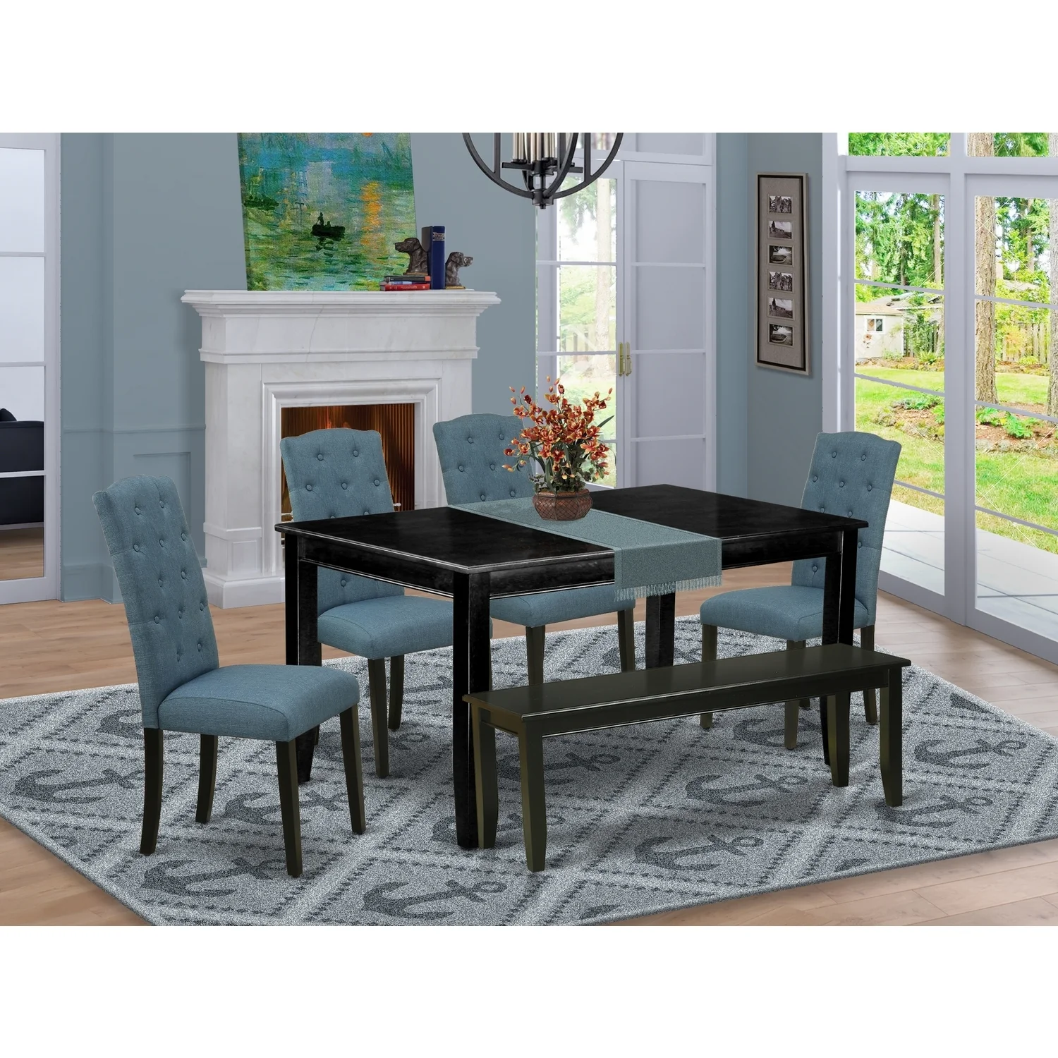 HomeStock Lakefront Luxury 6Pc Dining Set Includes A Rectangle Dining Table, Four Parson Chairs With Blue Fabric And A Bench, Black Finish